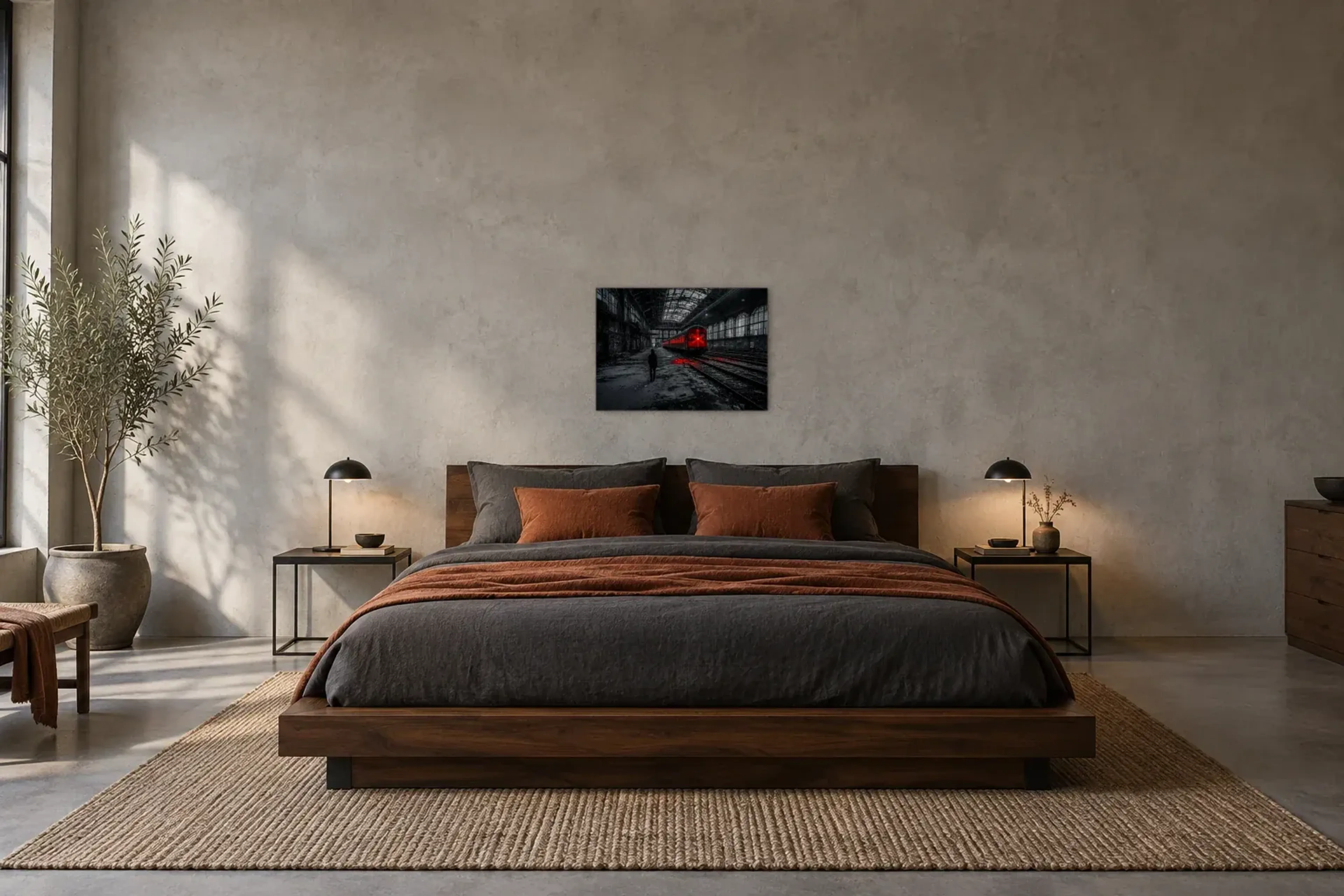Rotes Licht im Bahnhof als Wandbild über einem 180-cm-Bett
