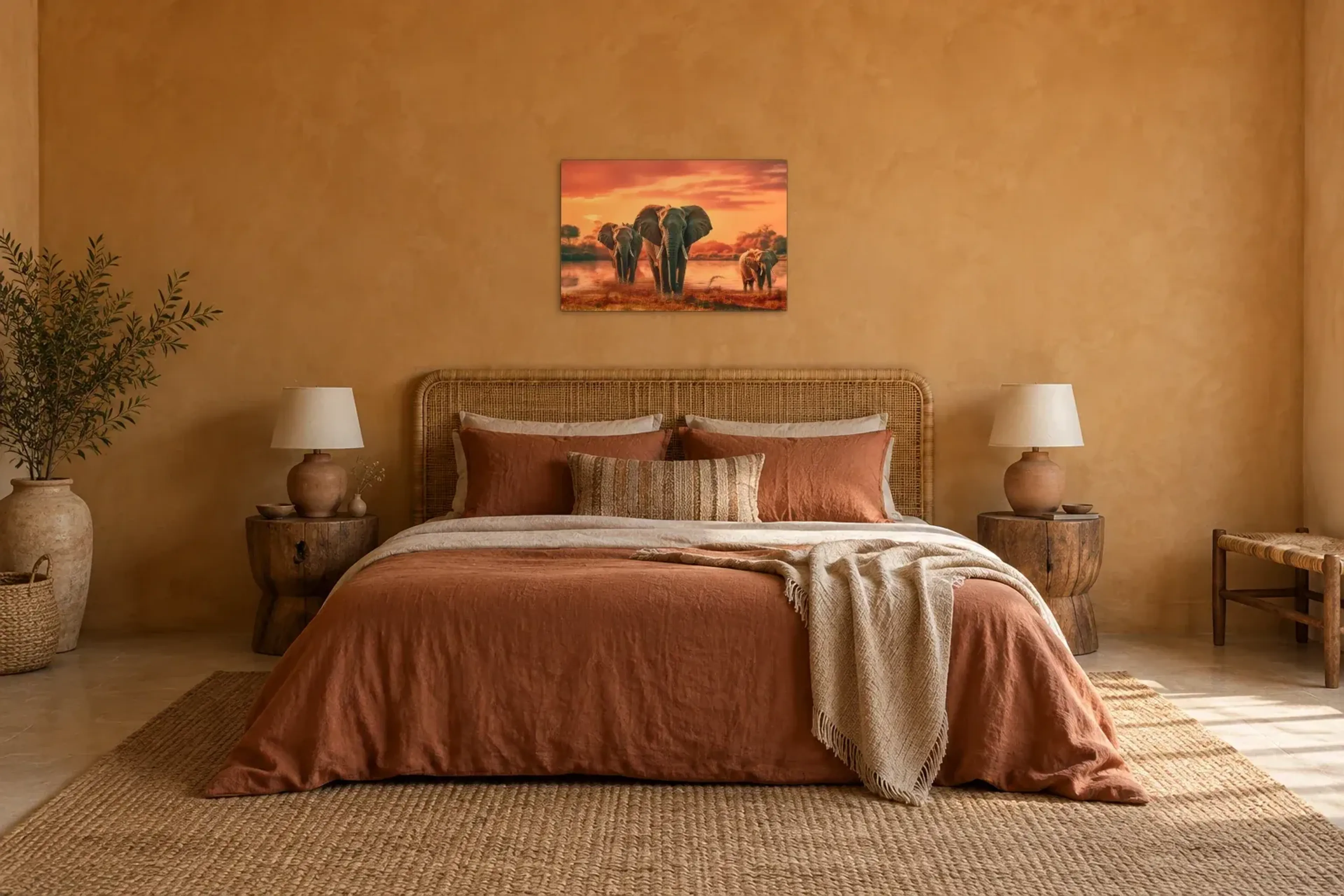 Drei Elefanten am Wasser als Wandbild über einem 180-cm-Bett