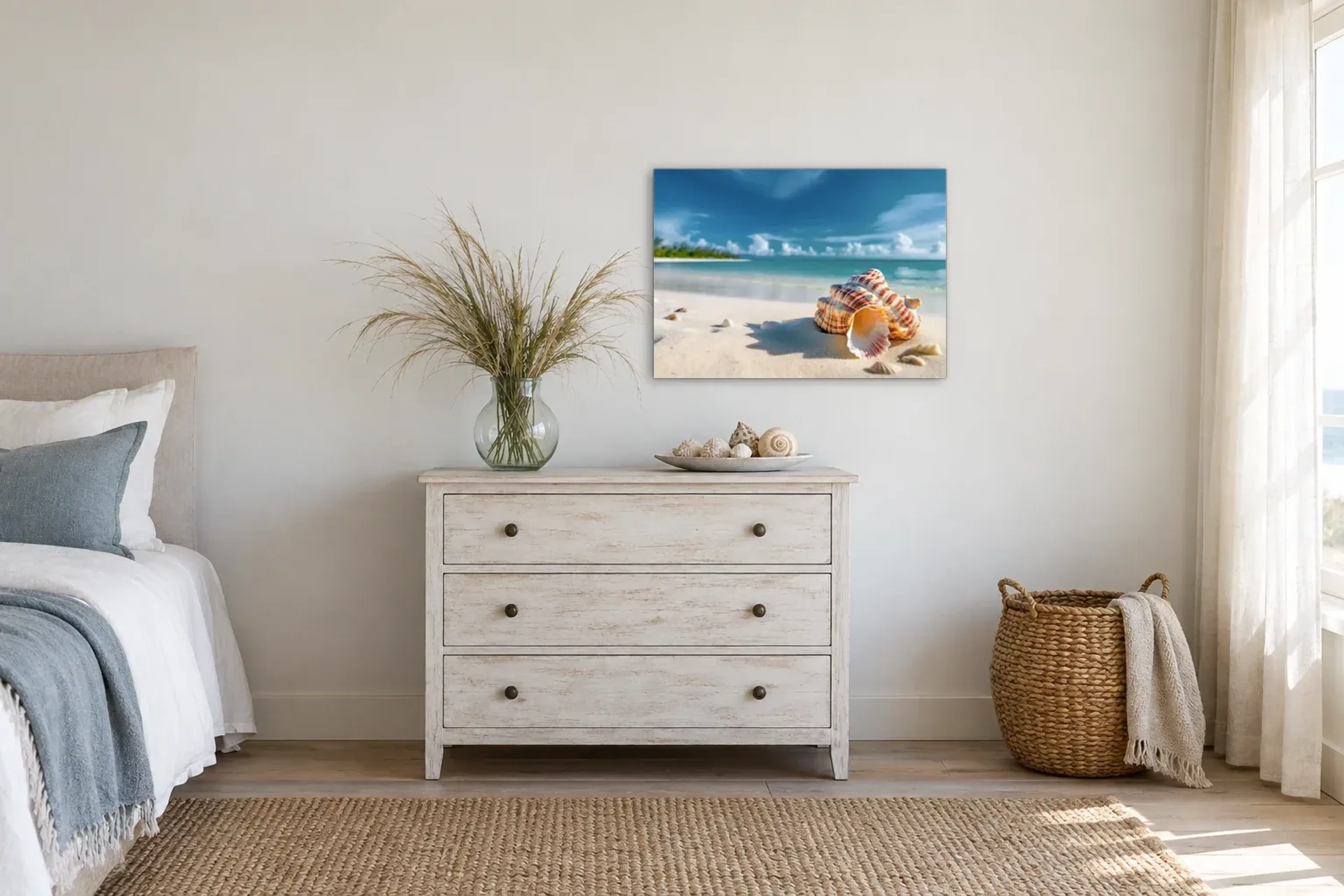 Muschel am Strand als Wandbild über einer 90-cm-Kommode