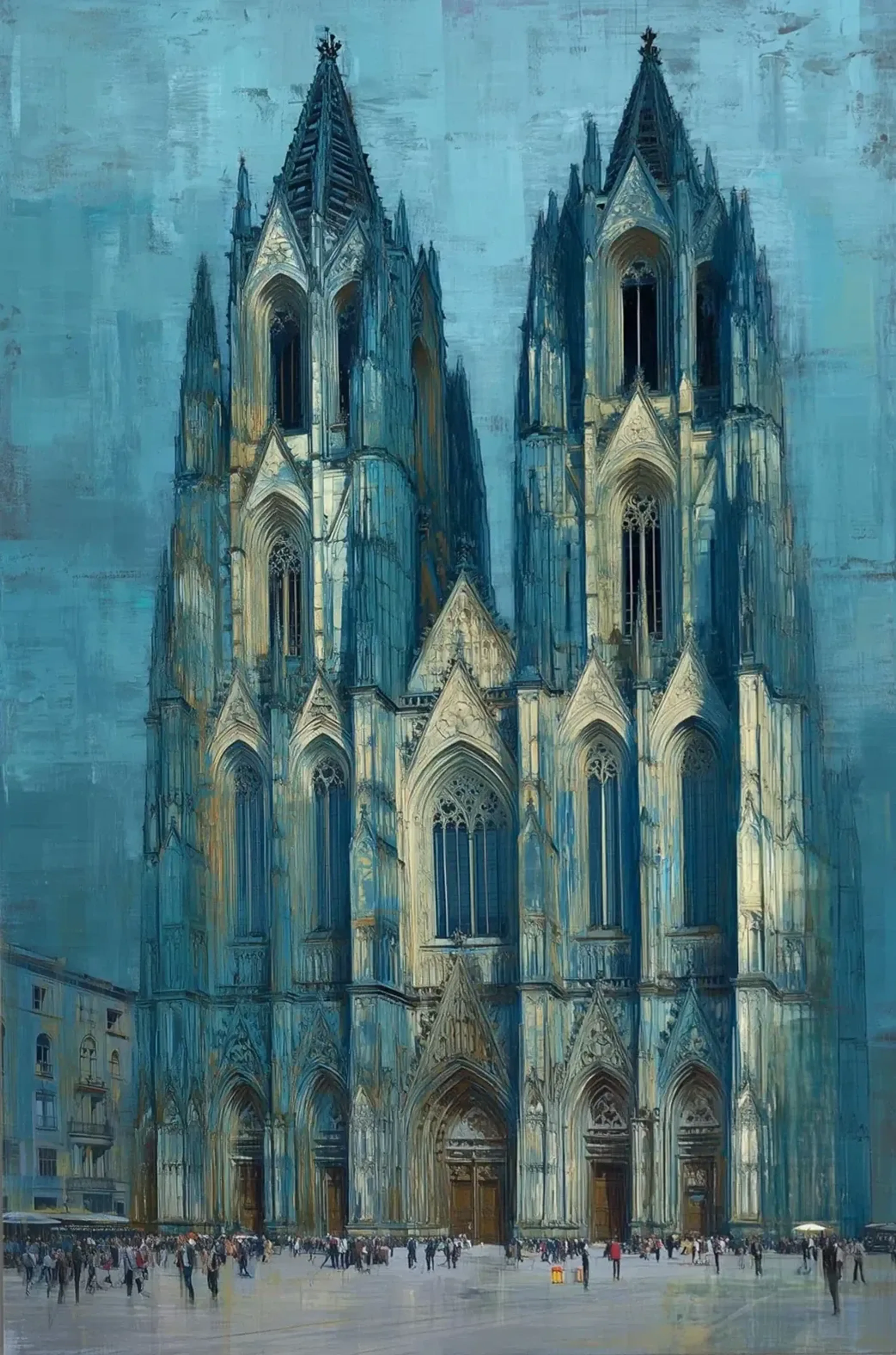 Frontale Ansicht des Kölner Doms in Blau, Grau und Beige mit kleinen Menschen auf dem Vorplatz.