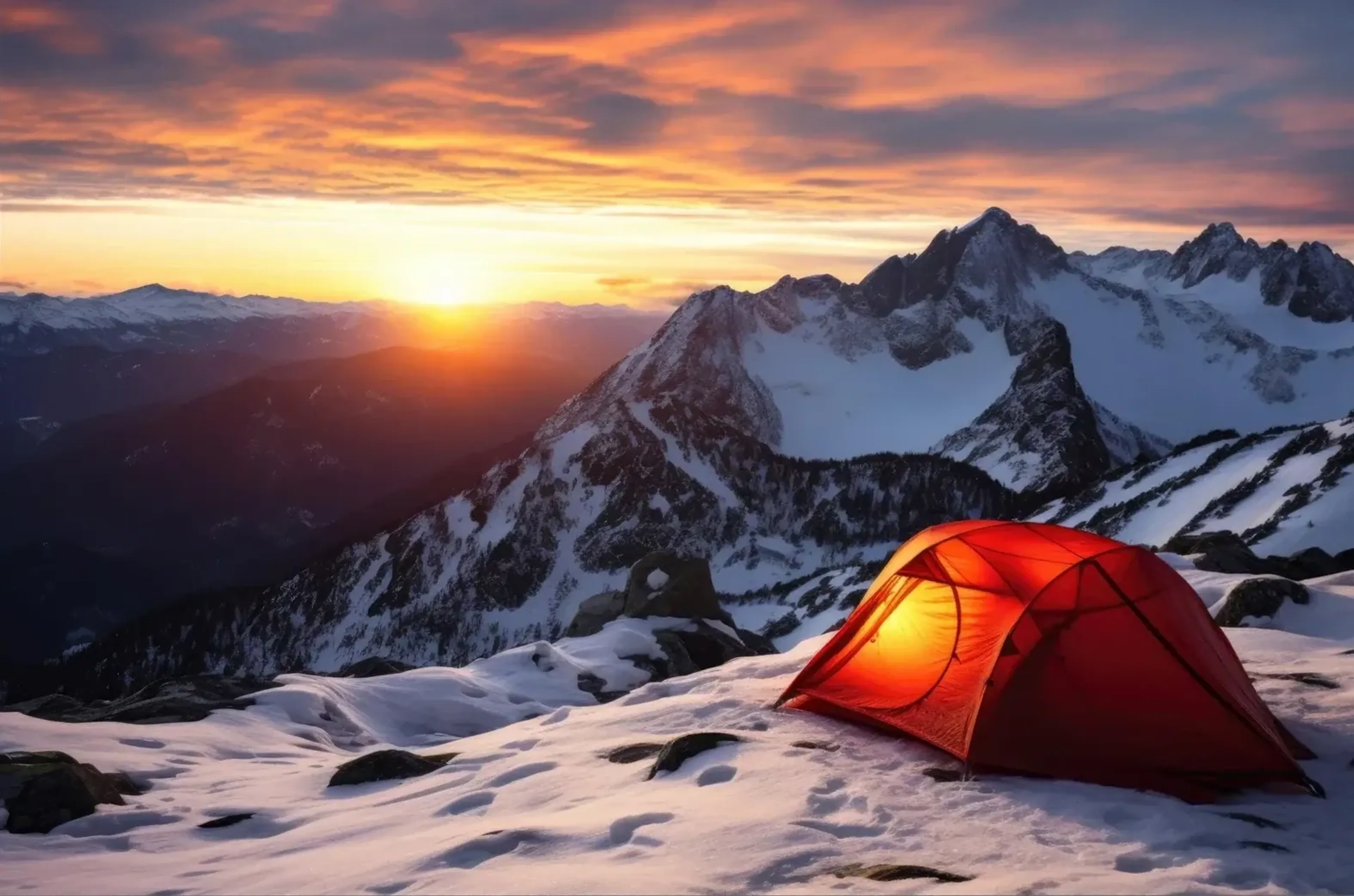 Ein rot-orange leuchtendes Zelt steht im Schnee vor schroffen Berggipfeln und einem rosa-goldenen Abendhimmel.