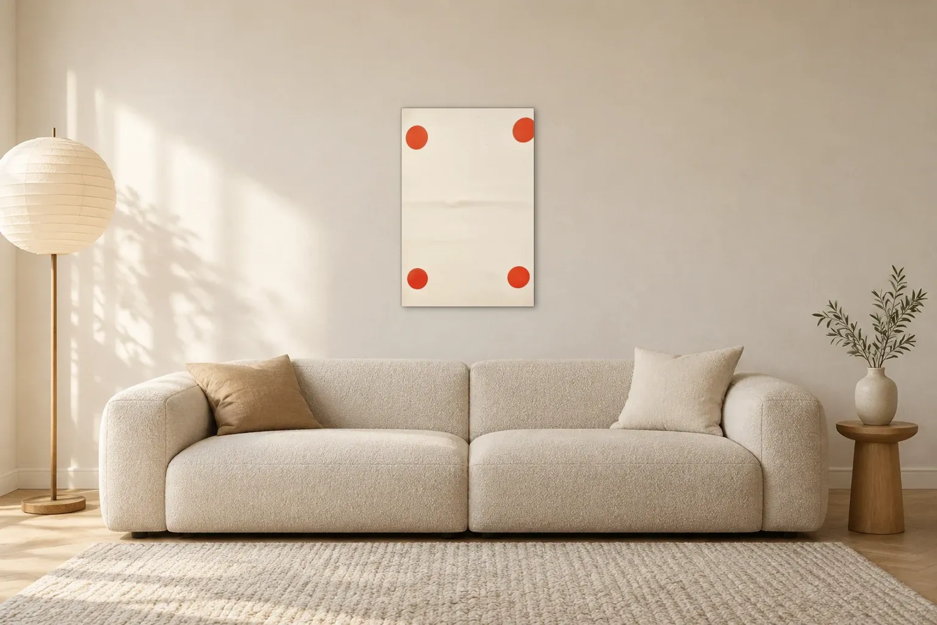 Rote Punkte im Rechteck als Wandbild über einem 230-cm-Sofa