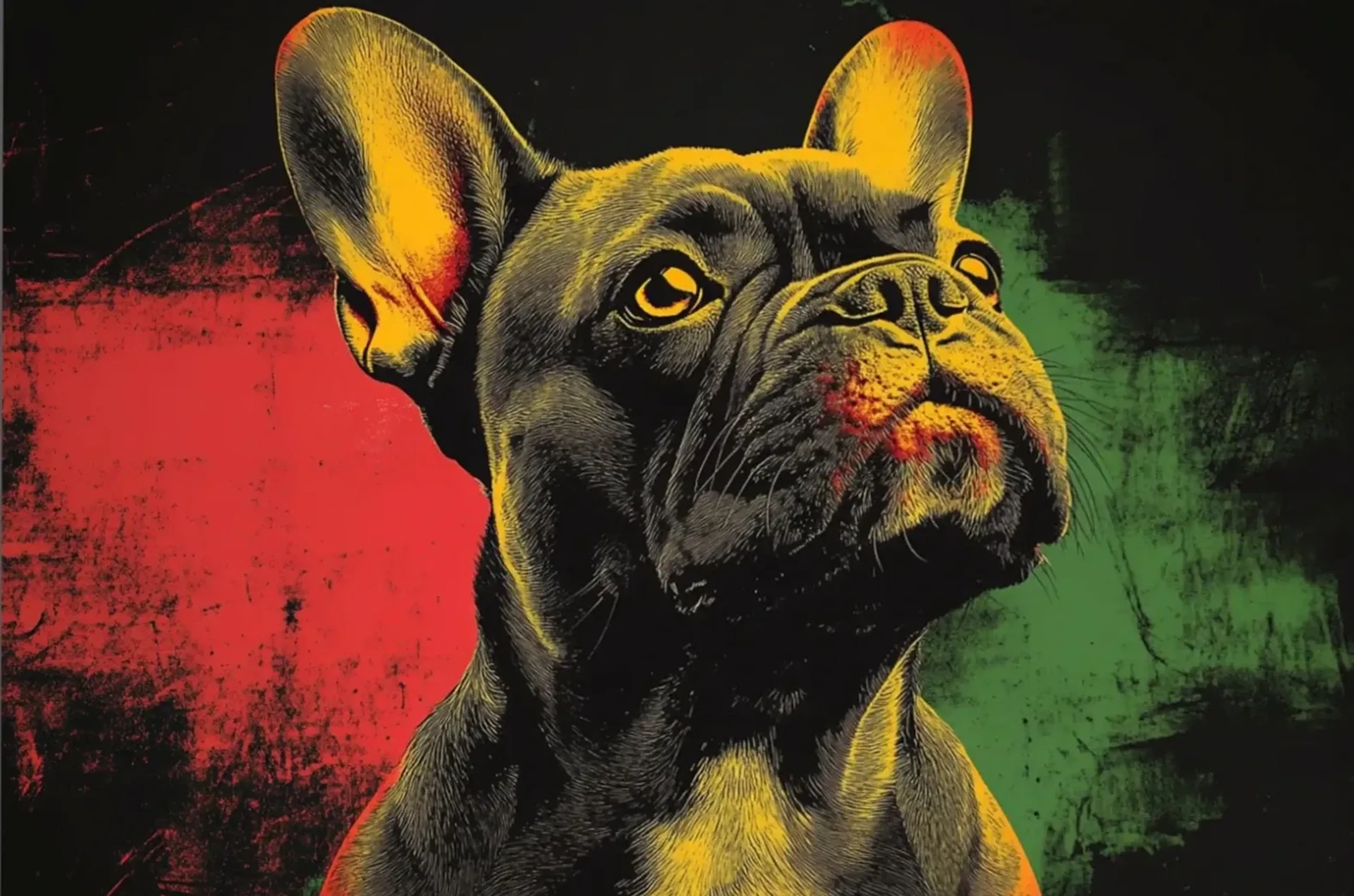 Bulldogge mit aufgestellten Ohren und gelben Fellakzenten blickt vor rot-grünem Hintergrund nach rechts oben.