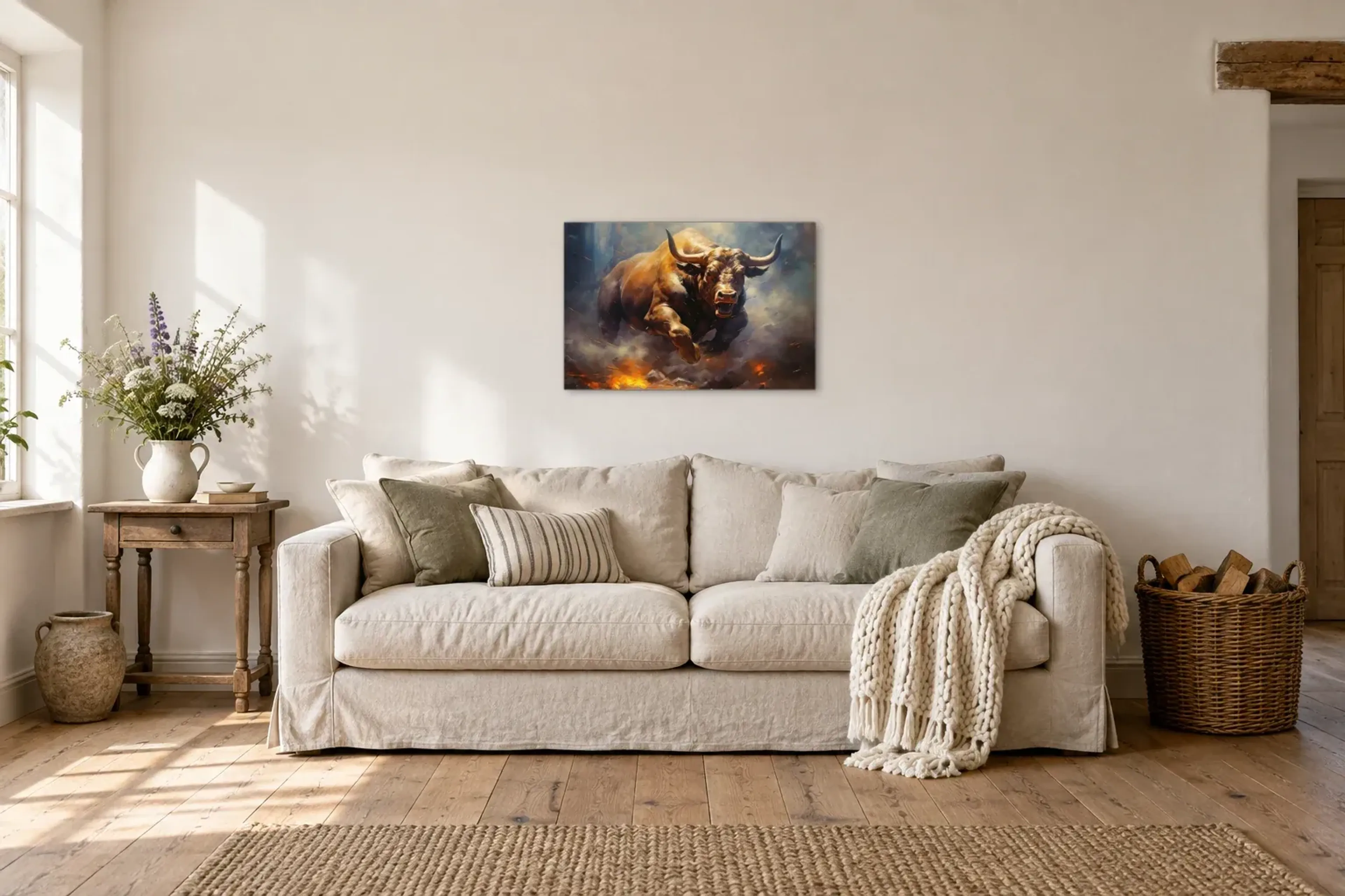 Stier im Ansturm als Wandbild über einem 220-cm-Sofa