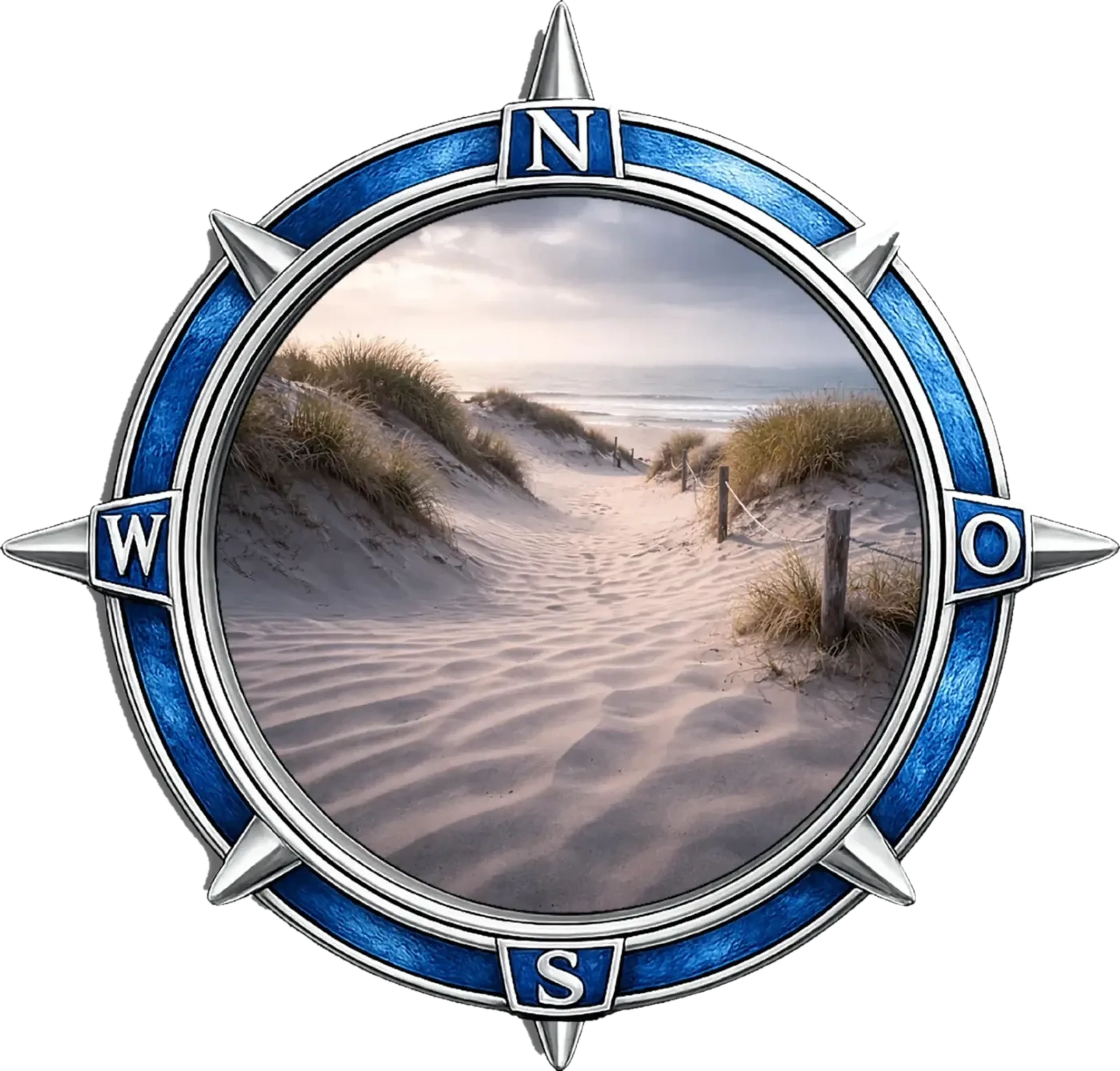 Ein Sandpfad führt zwischen grasbewachsenen Dünen zum Meer, umgeben von einem blau-silbernen Kompassmotiv.