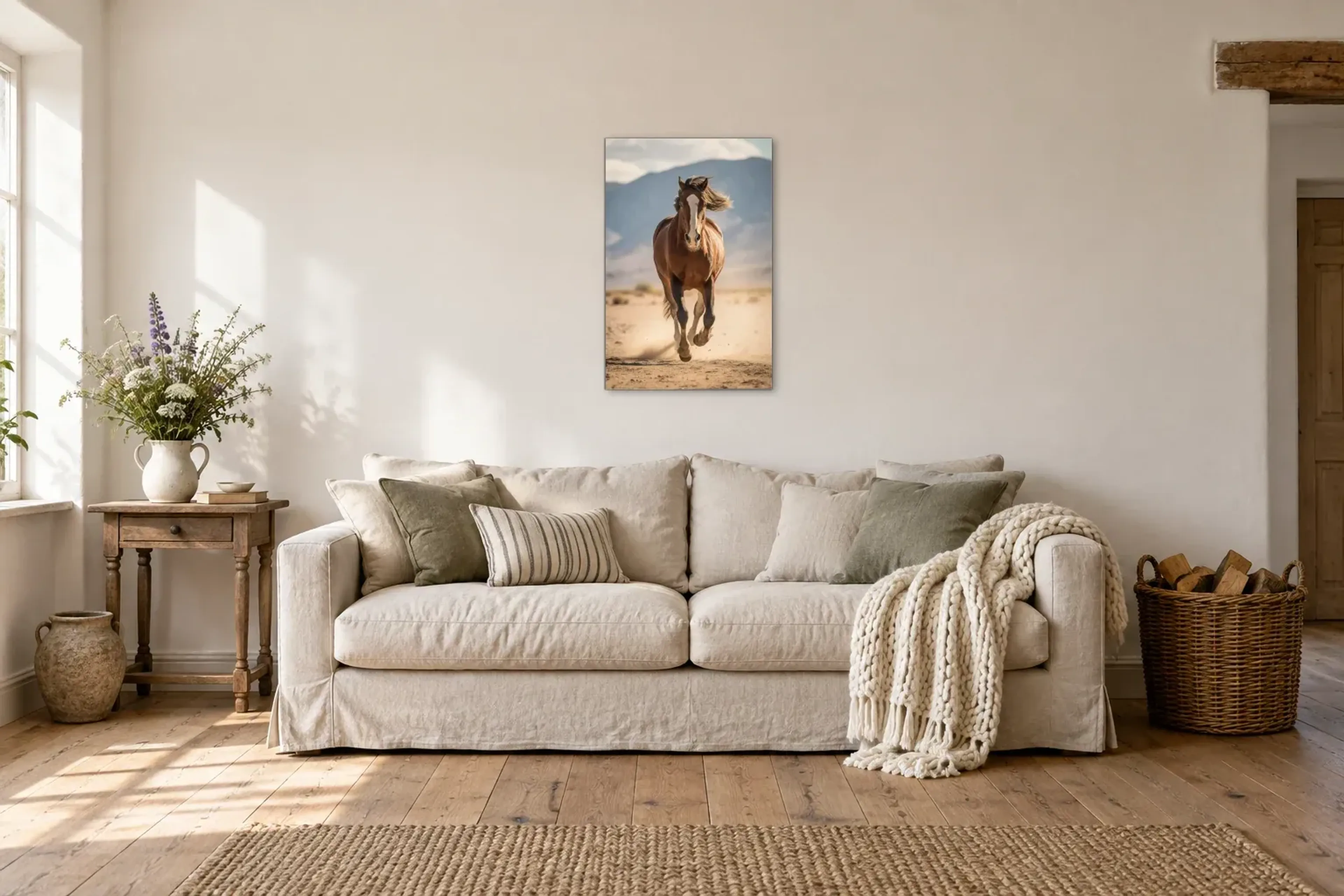 Galopp durch den Staub als Wandbild über einem 220-cm-Sofa