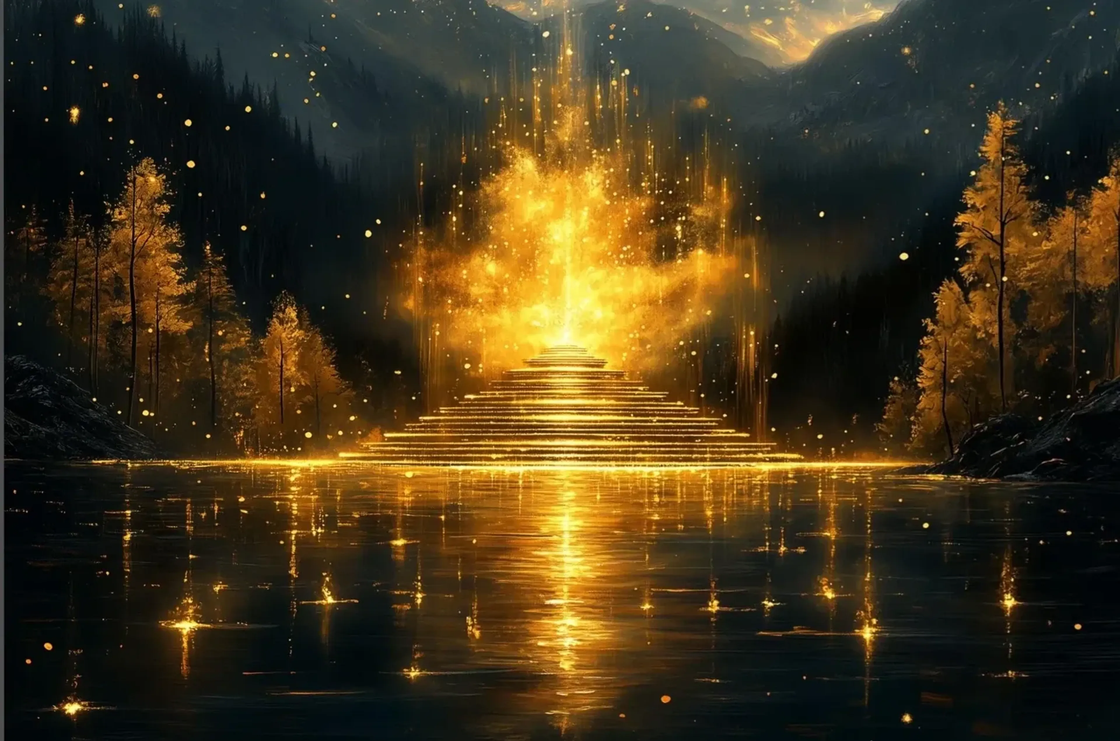 Eine goldene Stufenpyramide leuchtet unter einem Lichtschauer vor dunklen Bergen und spiegelt sich im See.