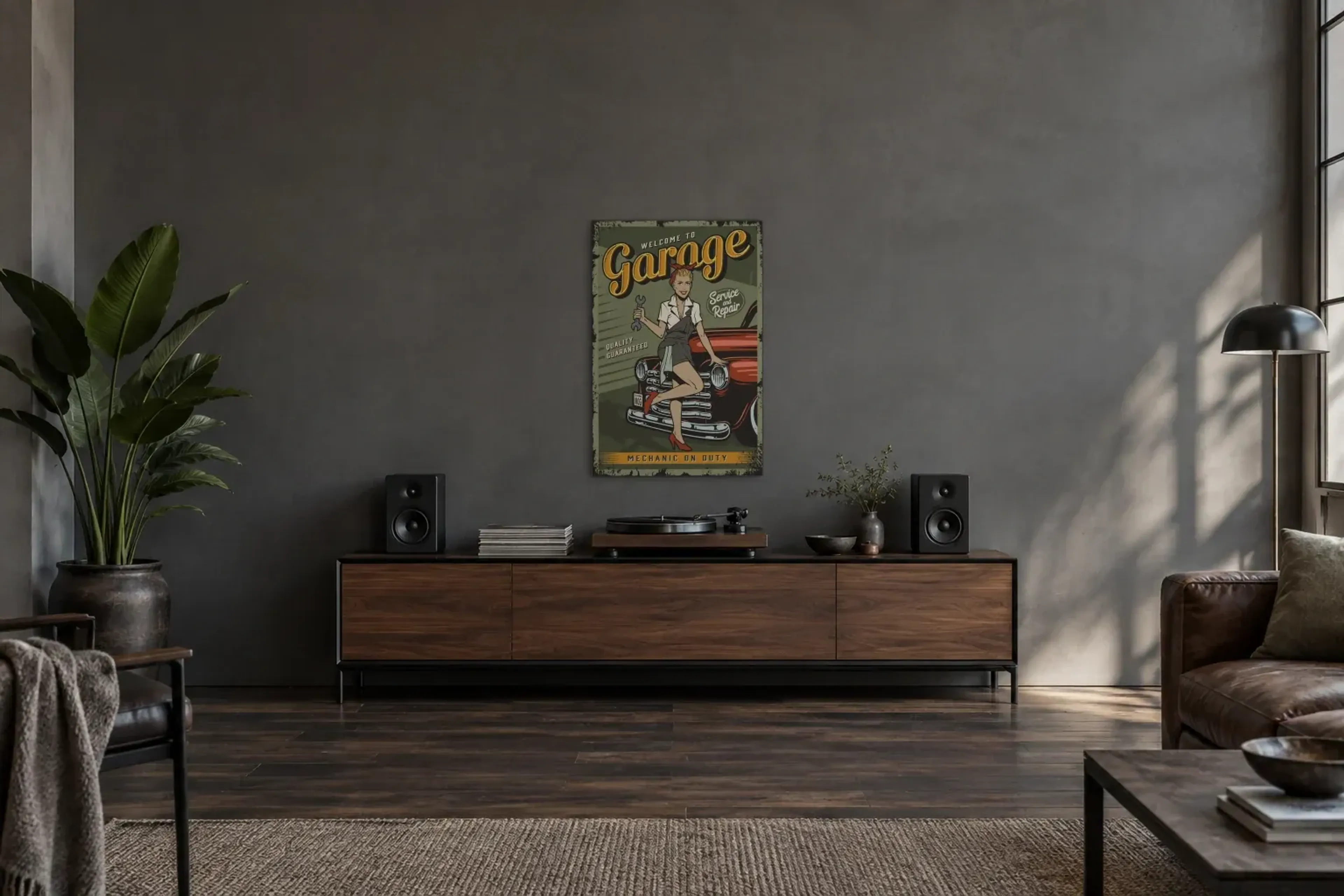 Garage Service als Wandbild über einem 200-cm-Sideboard