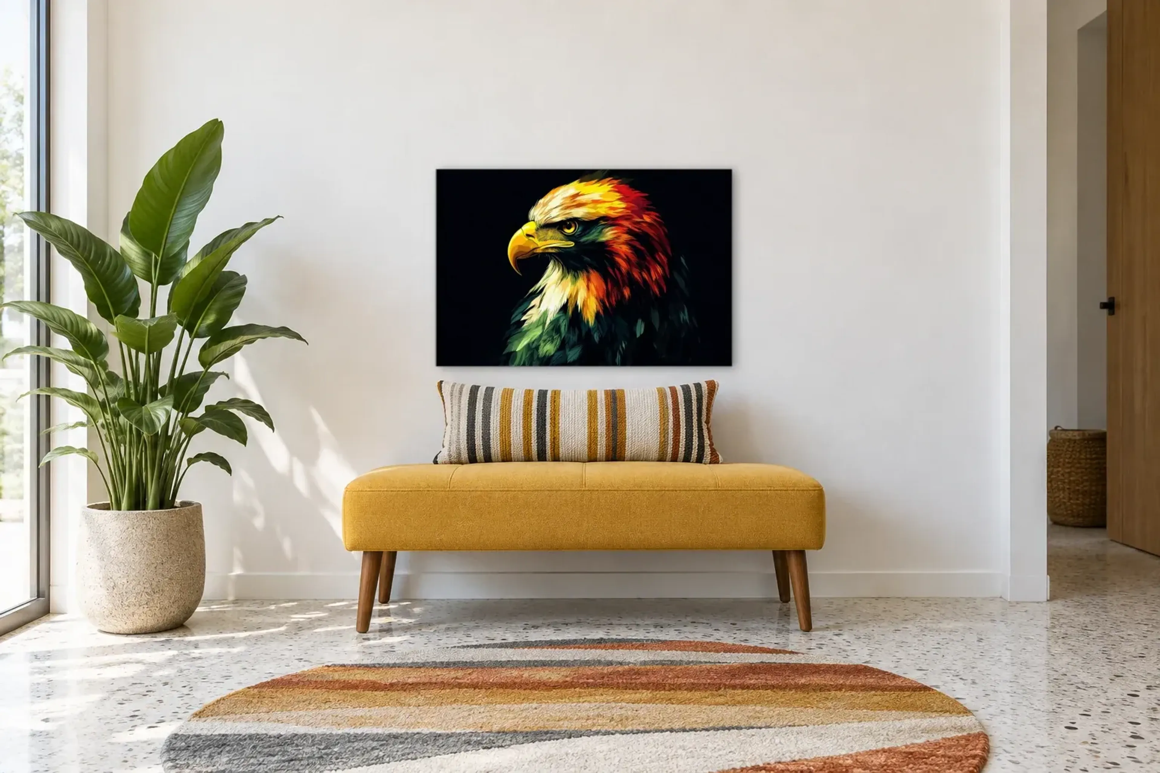 Adler im Farbglanz als Wandbild über einer 120-cm-Bank