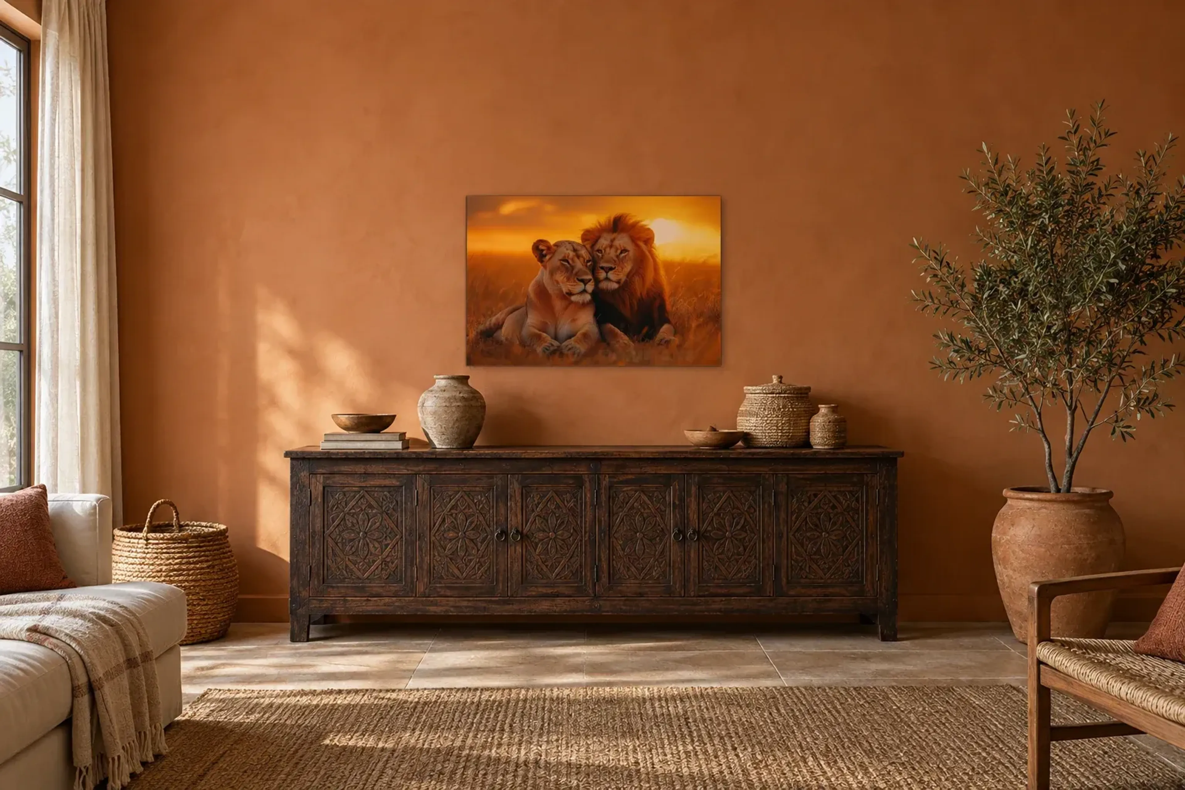 Löwen im Abendlicht als Wandbild über einem 180-cm-Sideboard
