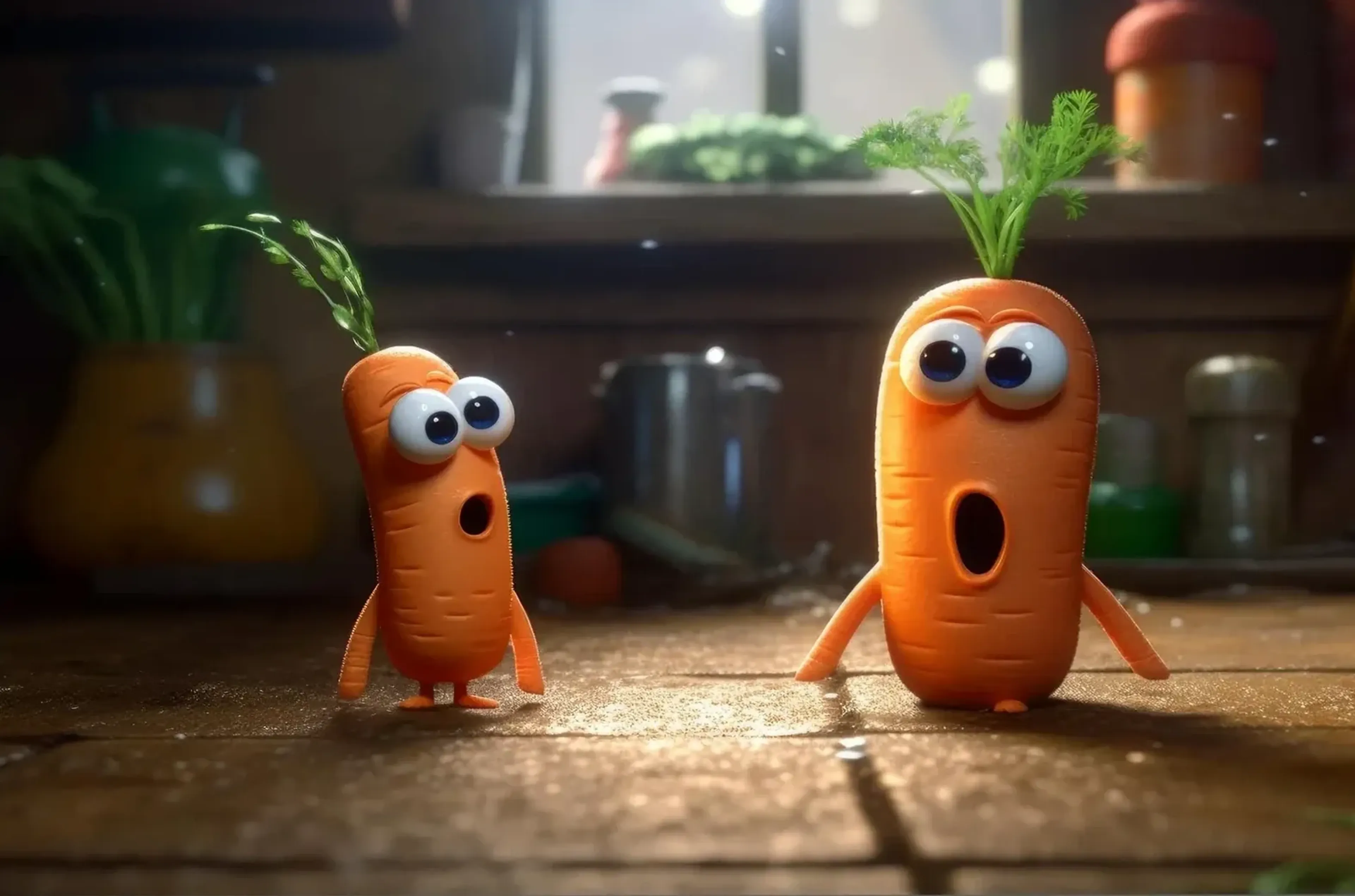 Zwei orange Karottenfiguren mit großen Augen und offenen Mündern stehen im warmen Licht einer Küche.
