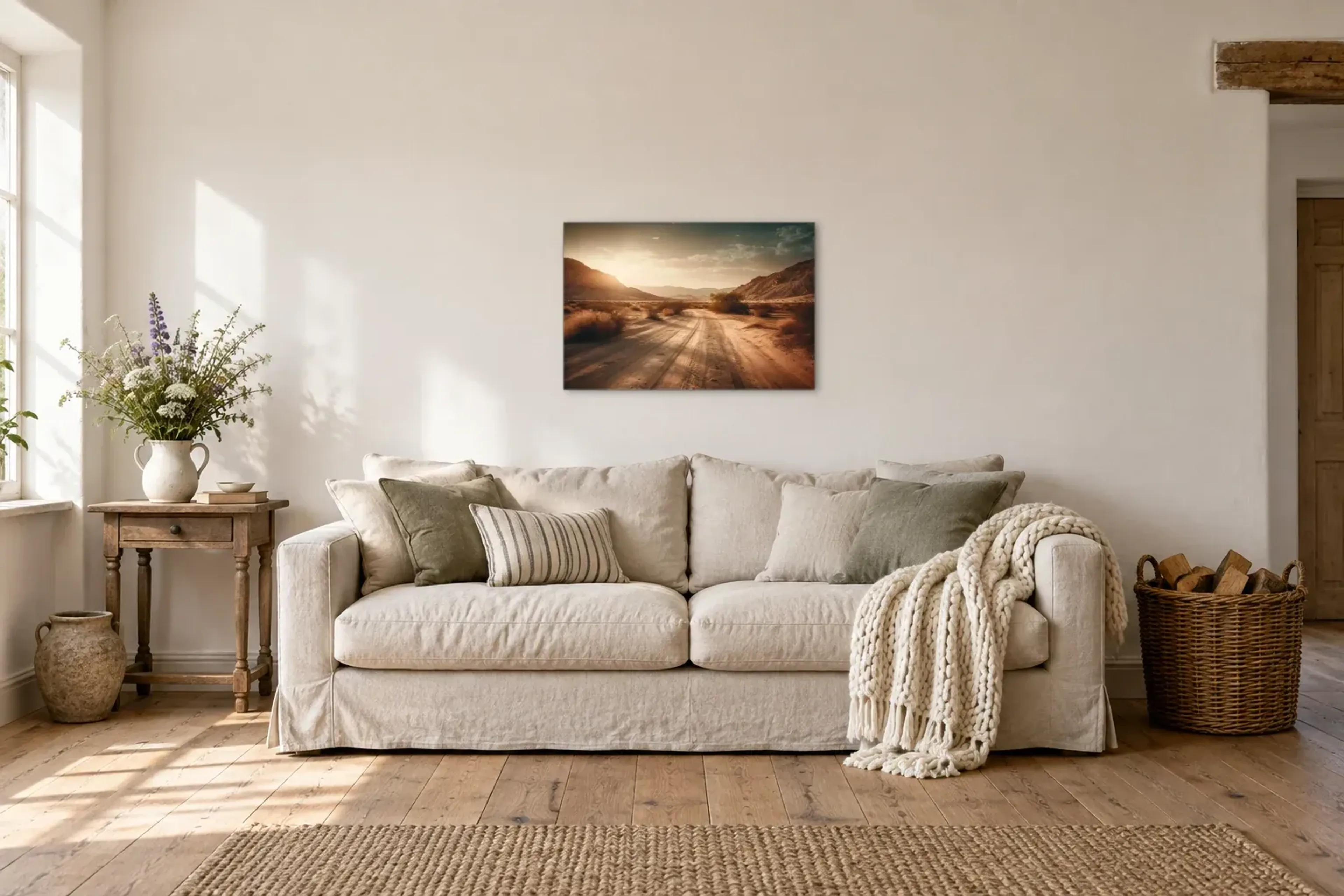 Fahrspur durch die Wüste als Wandbild über einem 220-cm-Sofa