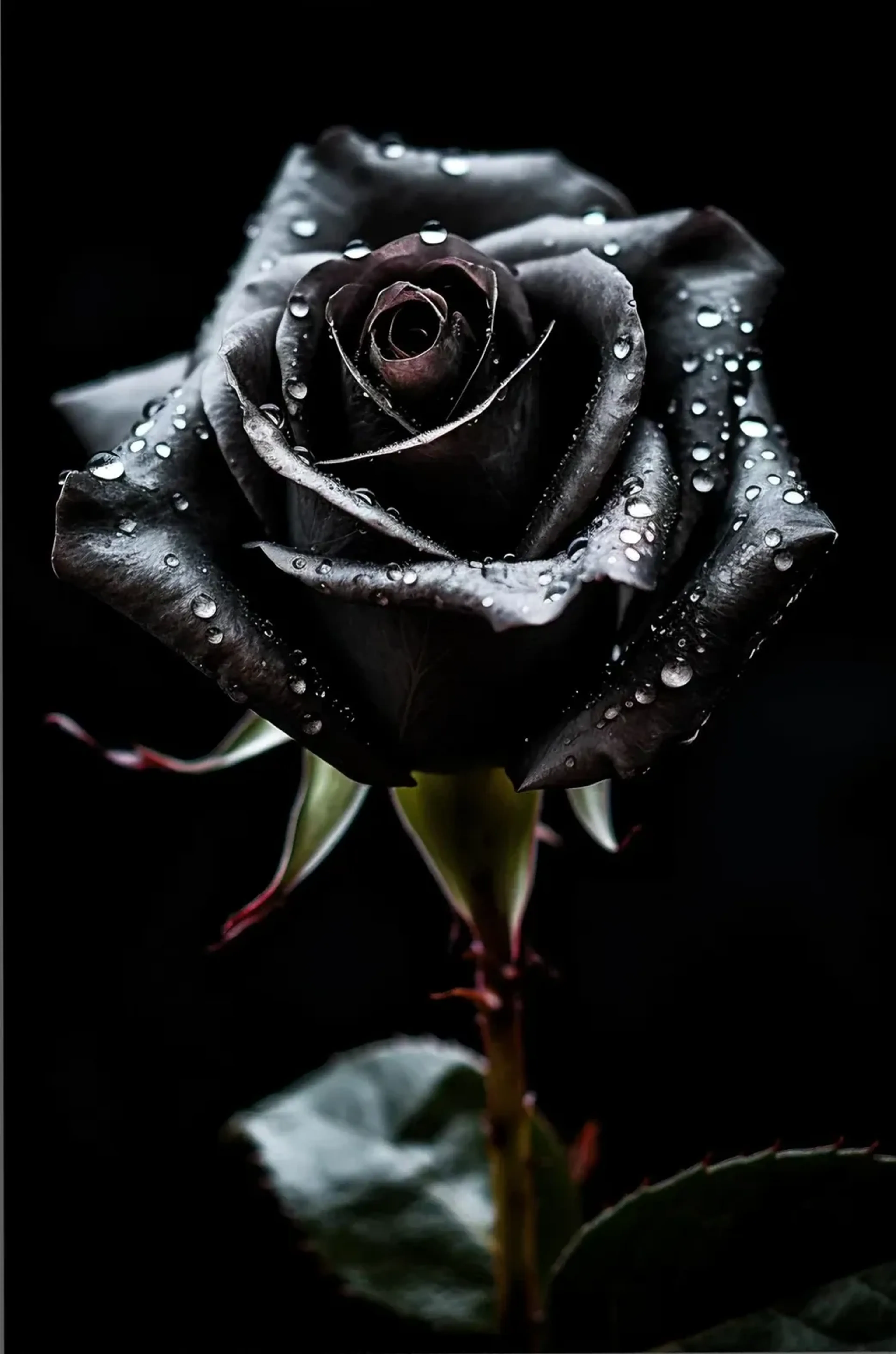 Eine fast schwarze Rose mit glänzenden Wassertropfen und grünen Blättern steht vor schwarzem Hintergrund.