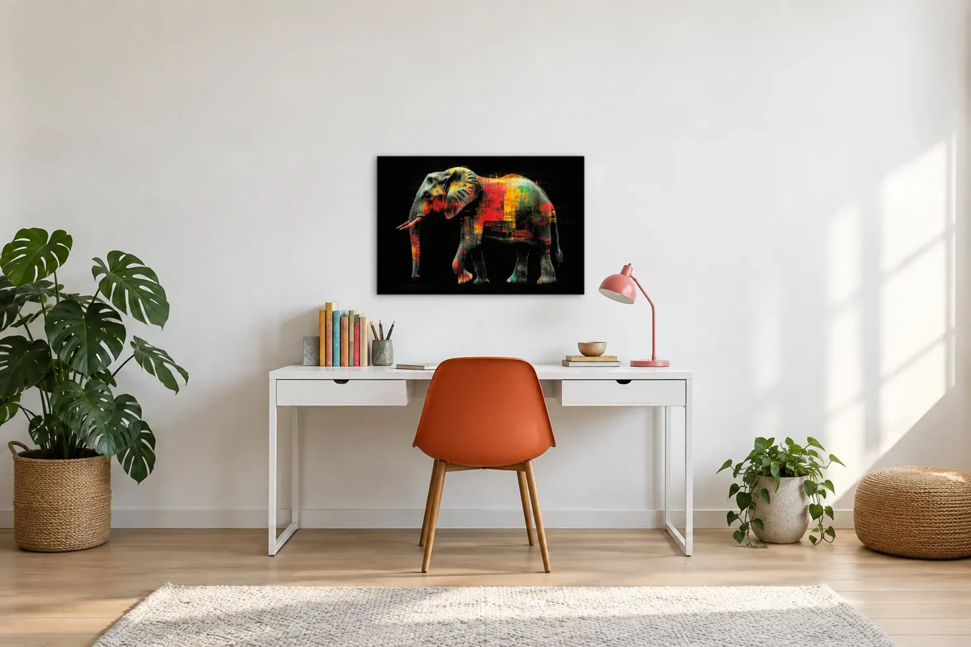 Elefant im Dunkeln als Wandbild über einem 140-cm-Schreibtisch