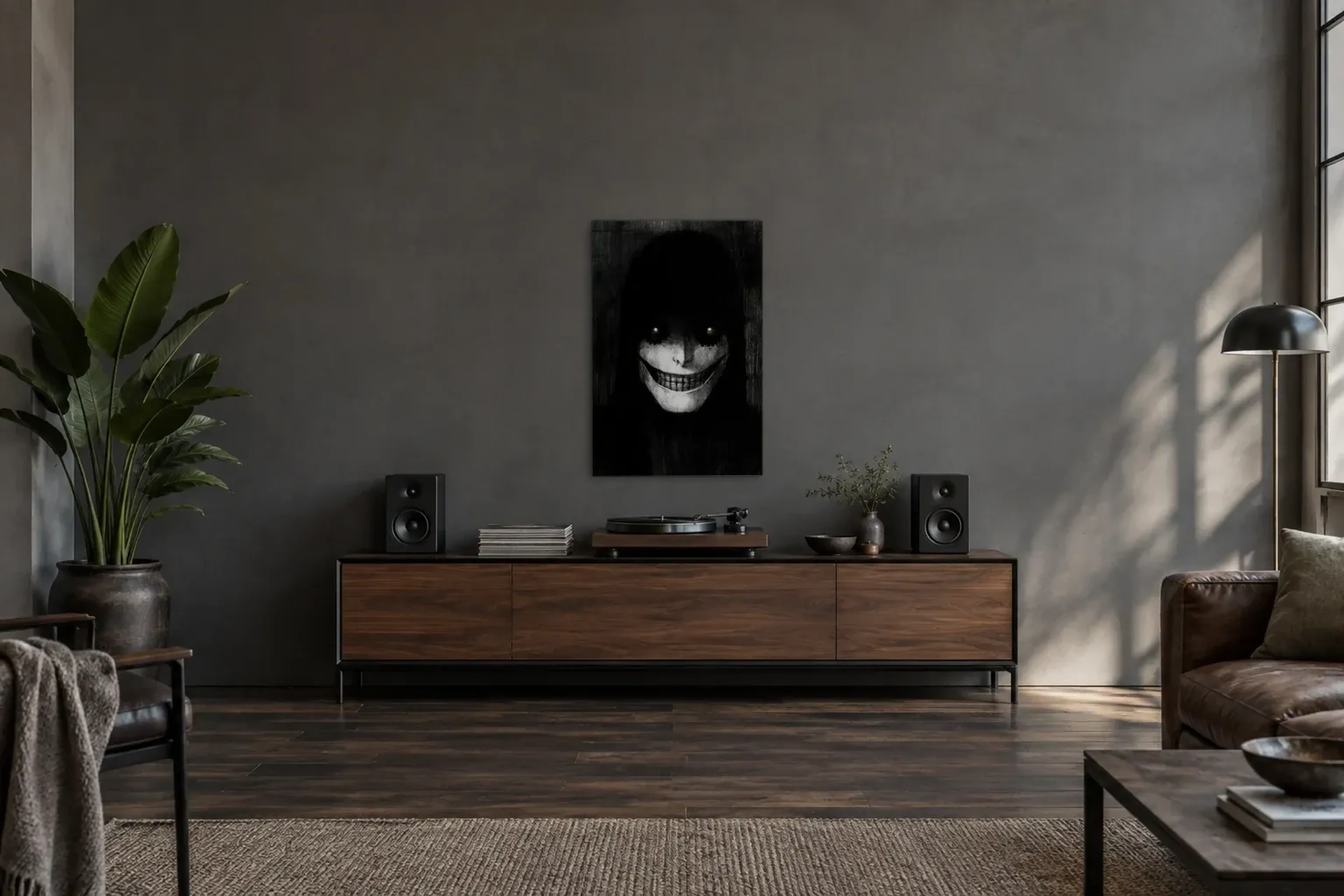 Grinsen aus der Dunkelheit als Wandbild über einem 200-cm-Sideboard