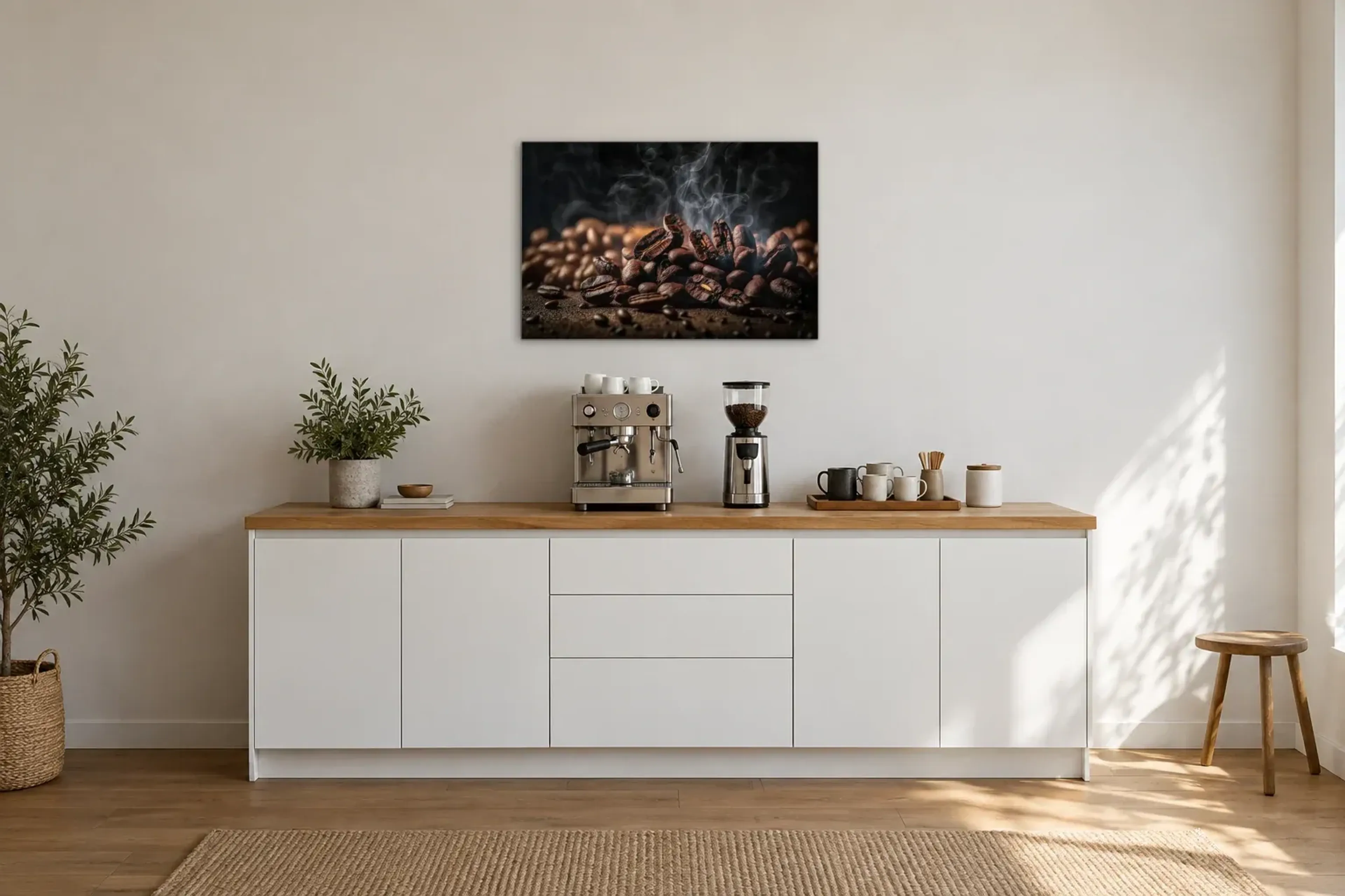 Kaffeebohnen im Dunst als Wandbild über einer 200-cm-Arbeitsplatte