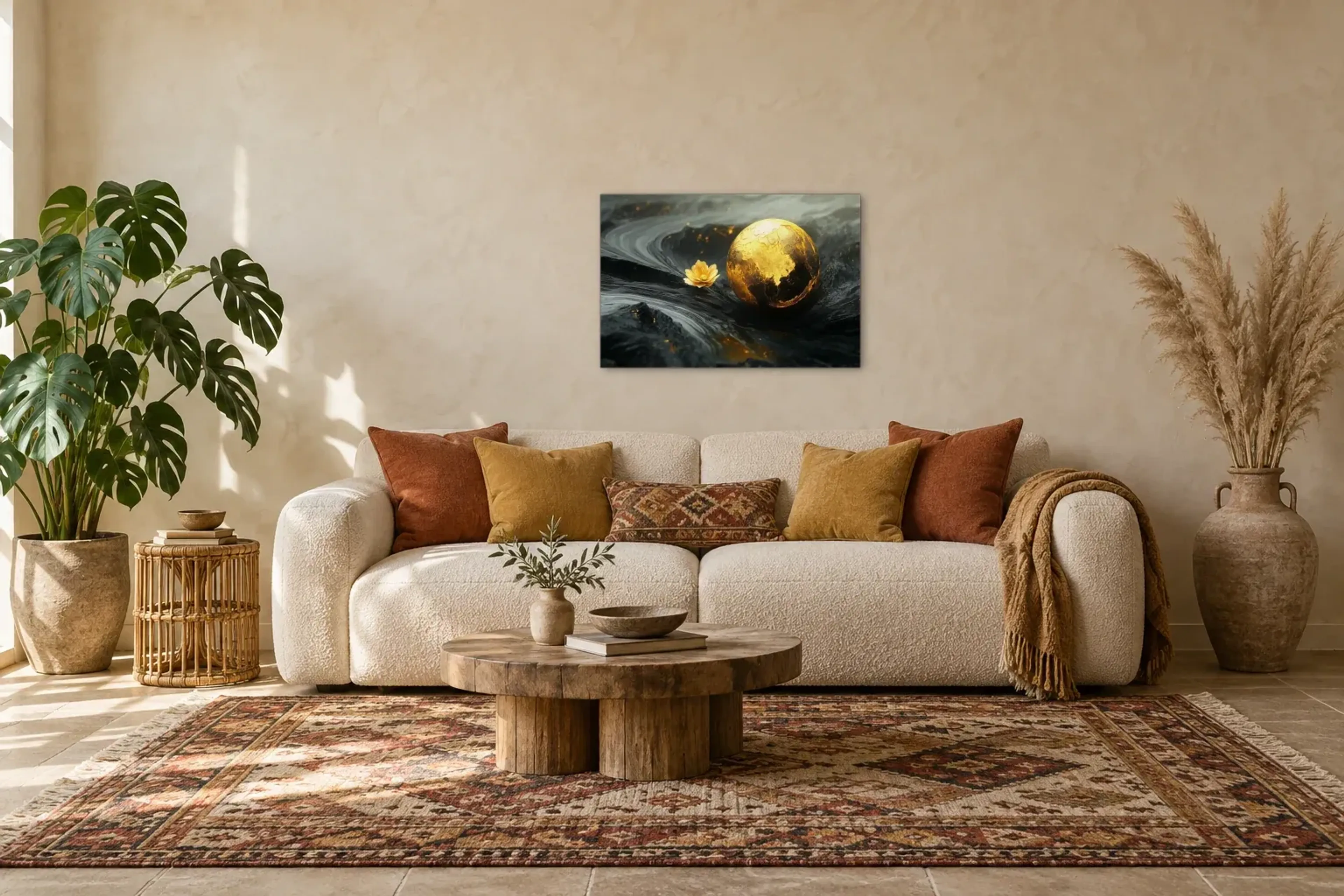 Kugel und Blüte als Wandbild über einem 220-cm-Sofa
