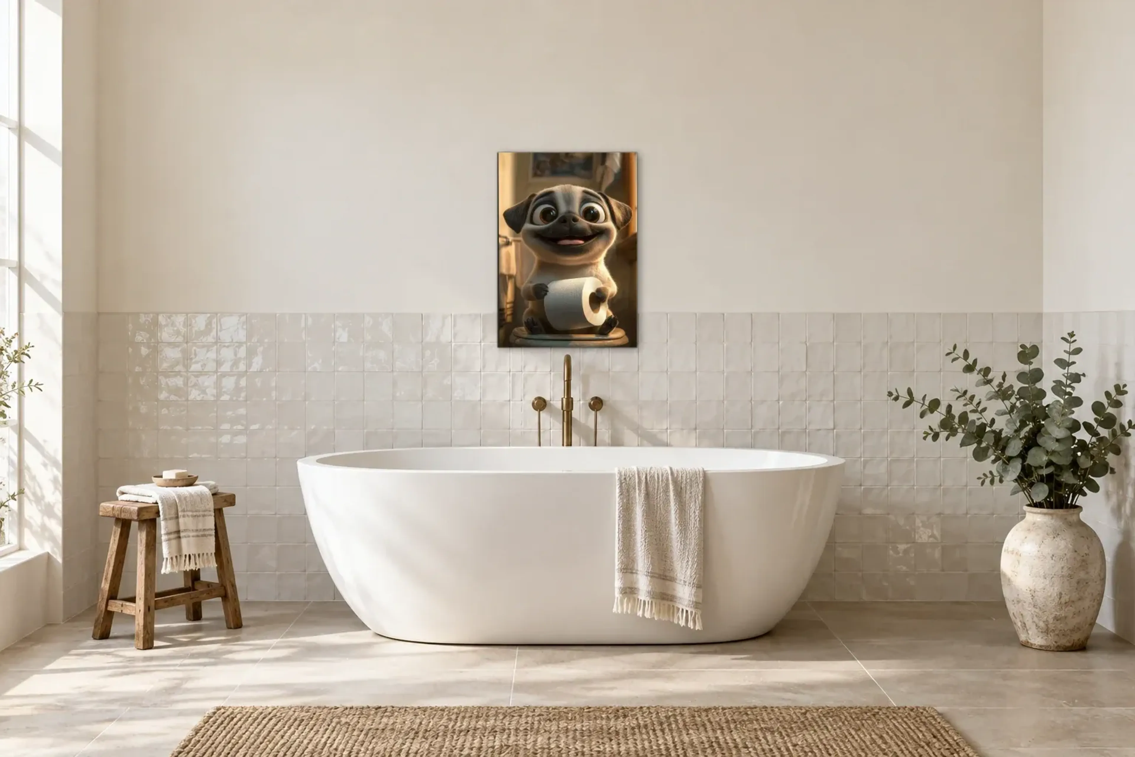 Mops mit großer Rolle als Wandbild über einer 170-cm-Badewanne