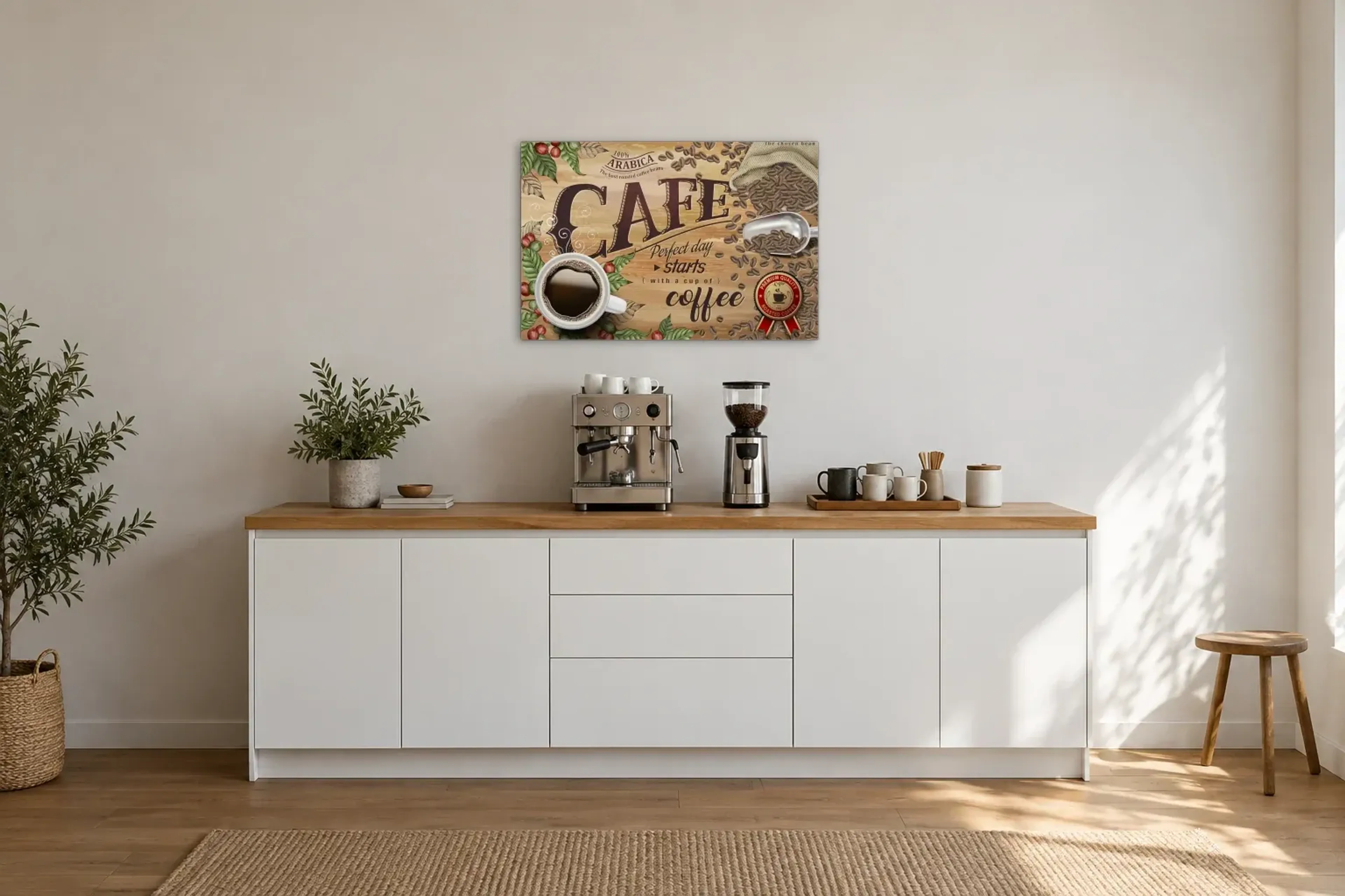 Kaffee-Schild als Wandbild über einer 200-cm-Arbeitsplatte