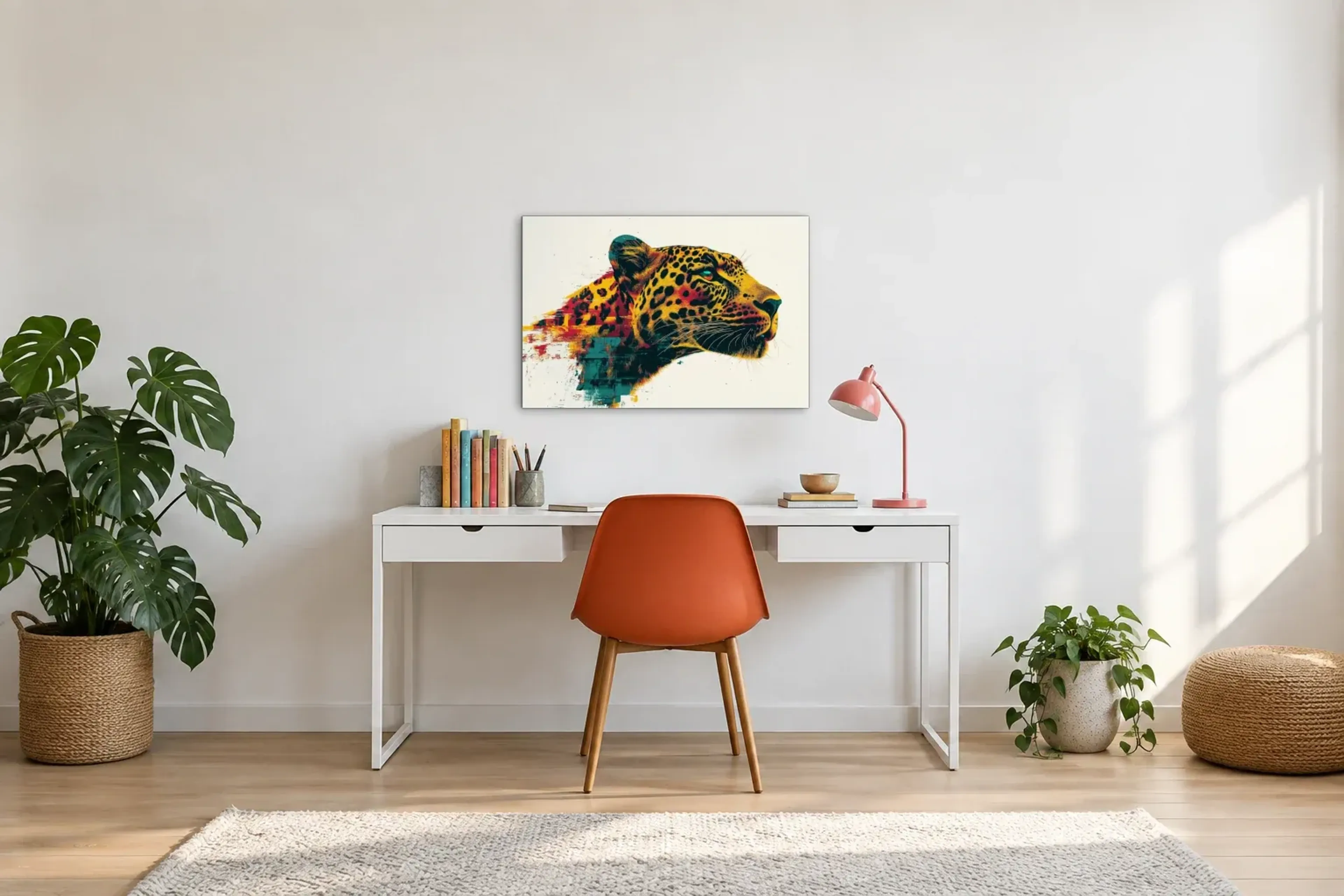 Leopard auf hellem Grund als Wandbild über einem 140-cm-Schreibtisch