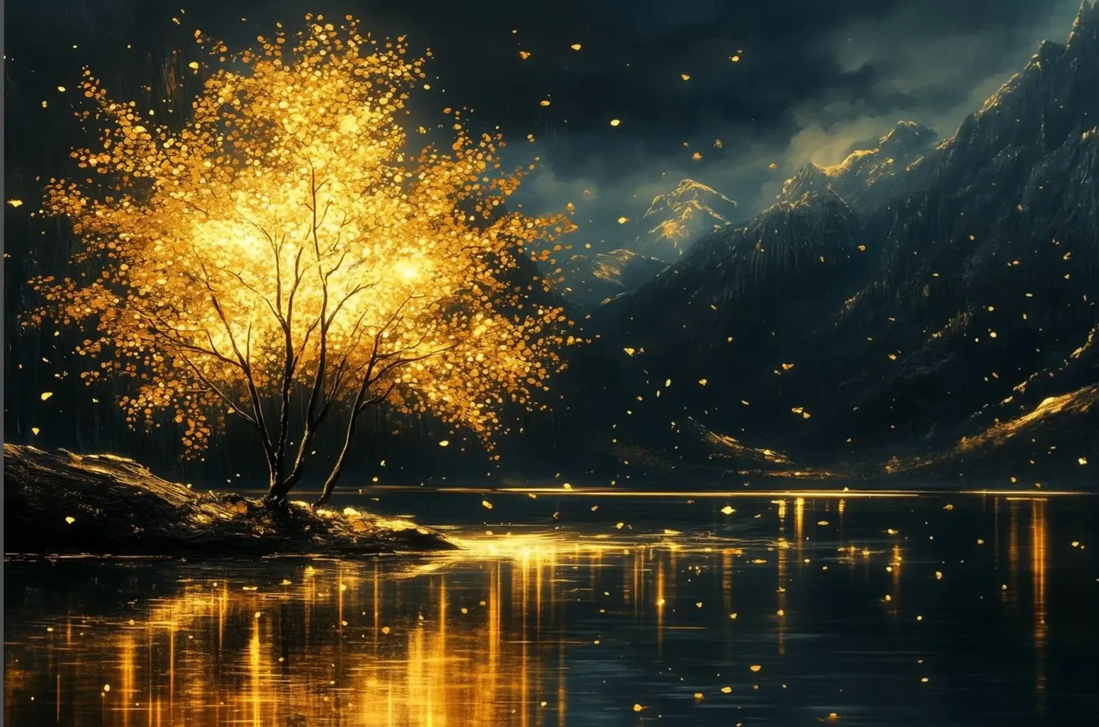Ein goldleuchtender Baum am Ufer spiegelt sich in einem dunklen See vor einer schroffen Berglandschaft.