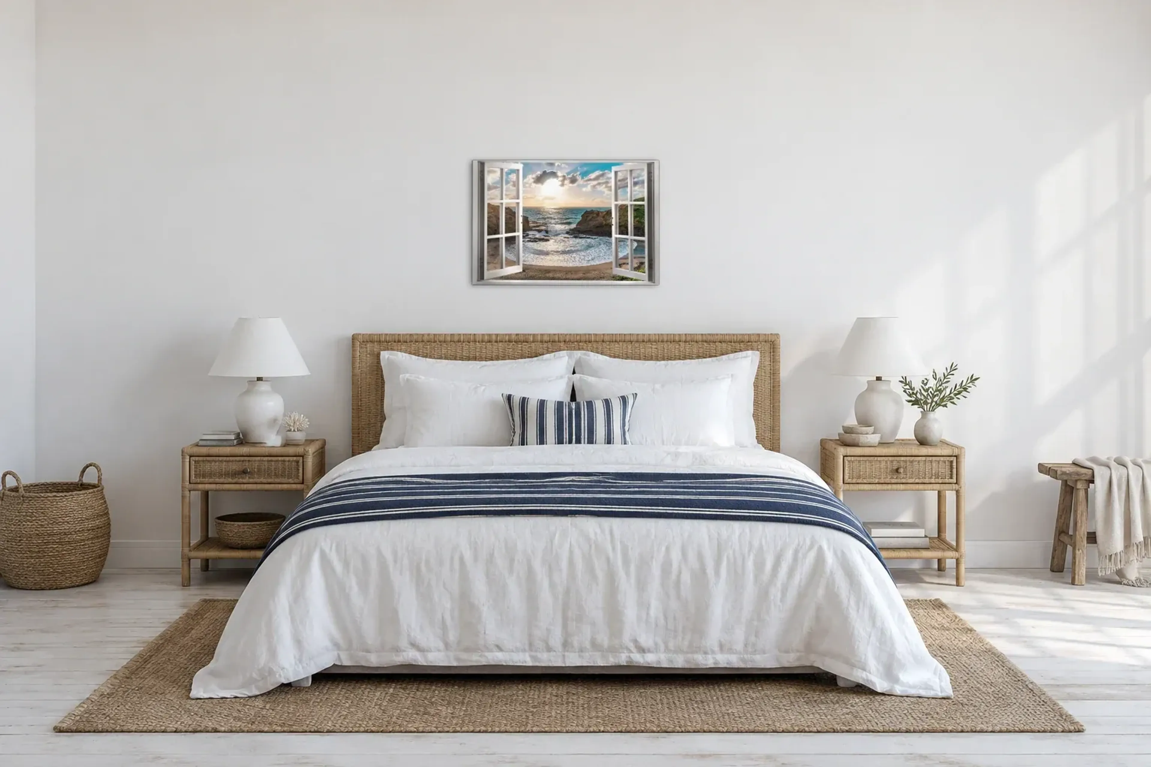 Bucht im Abendlicht als Wandbild über einem 180-cm-Bett