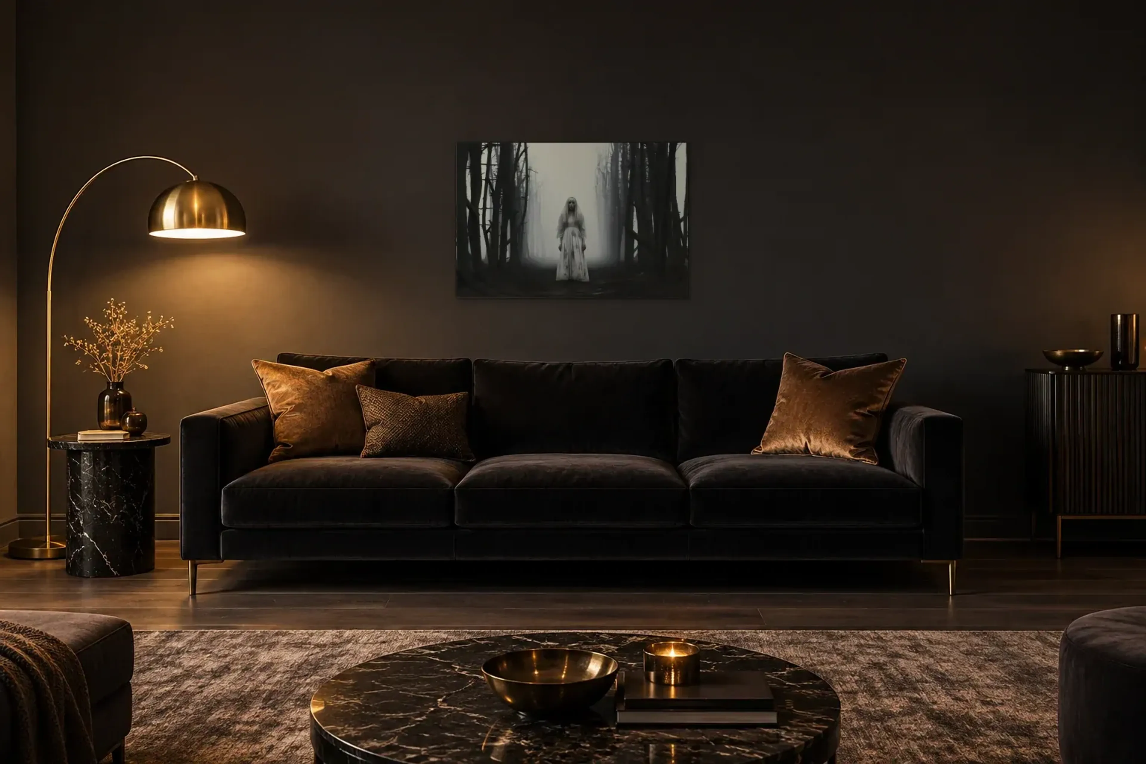 Geist im Wald als Wandbild über einem 220-cm-Sofa