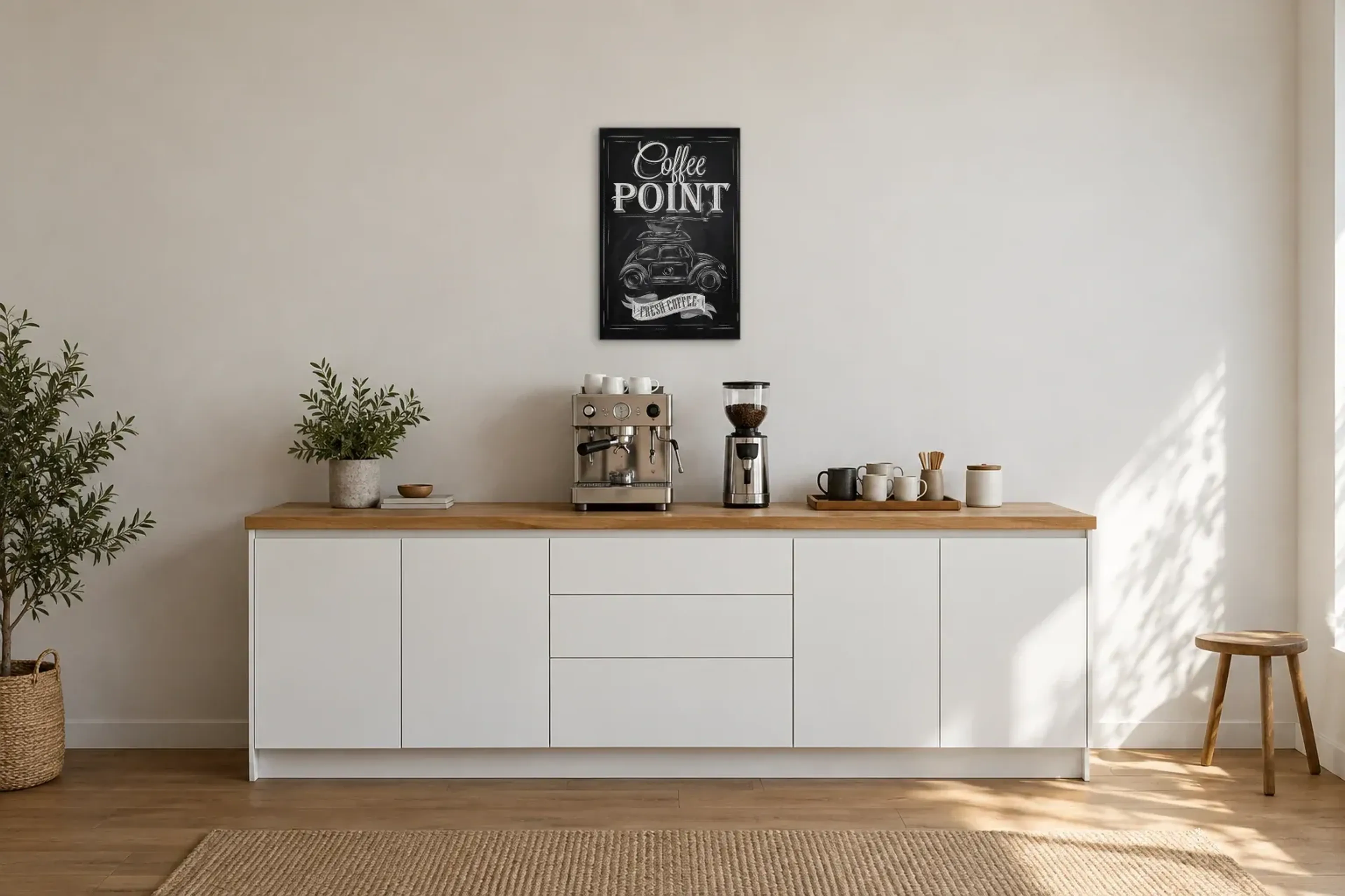 Frischer Kaffee als Wandbild über einer 200-cm-Arbeitsplatte