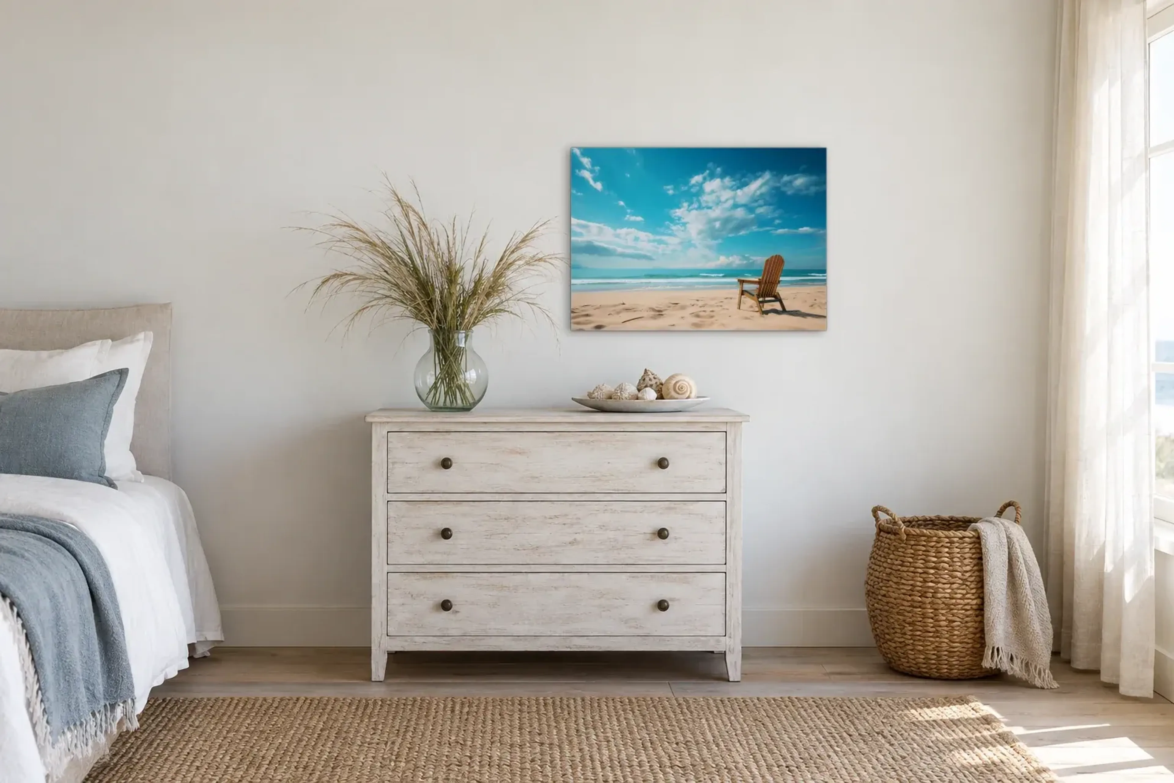 Stuhl am Strand als Wandbild über einer 90-cm-Kommode