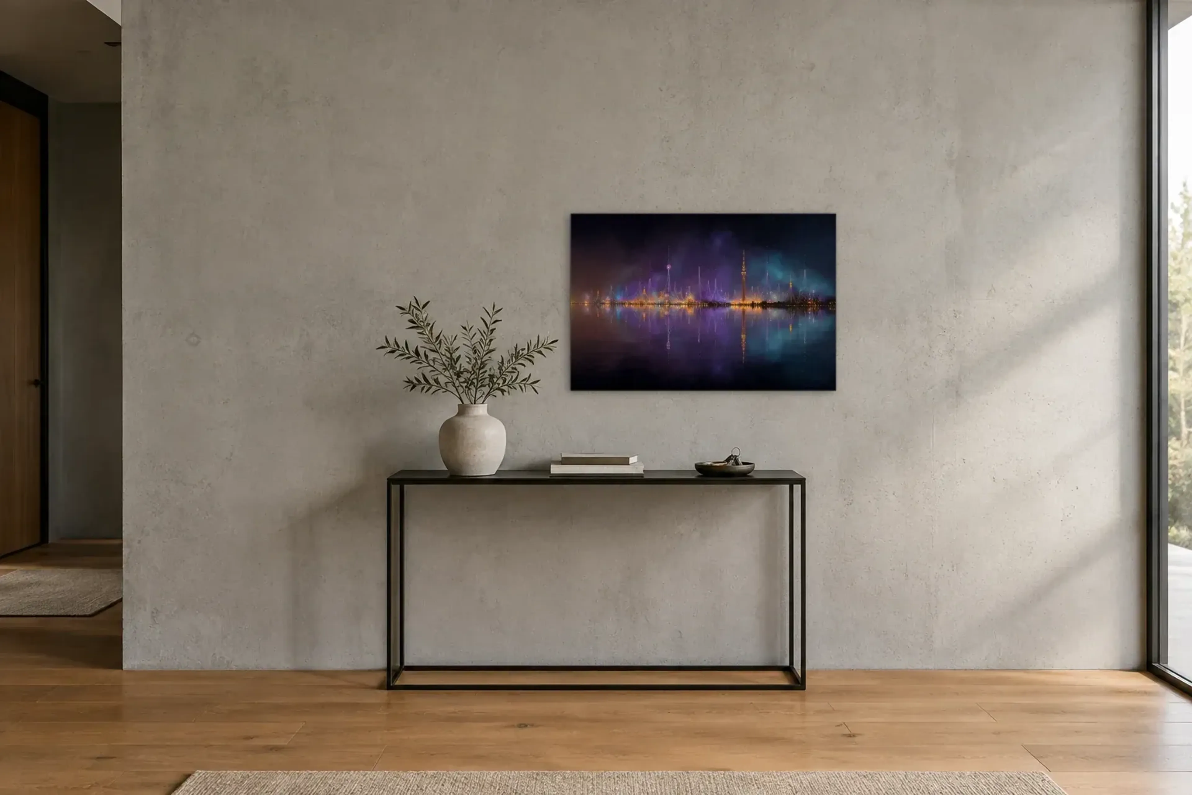 Nächtliche Lichtspitzen als Wandbild über einer 120-cm-Konsole