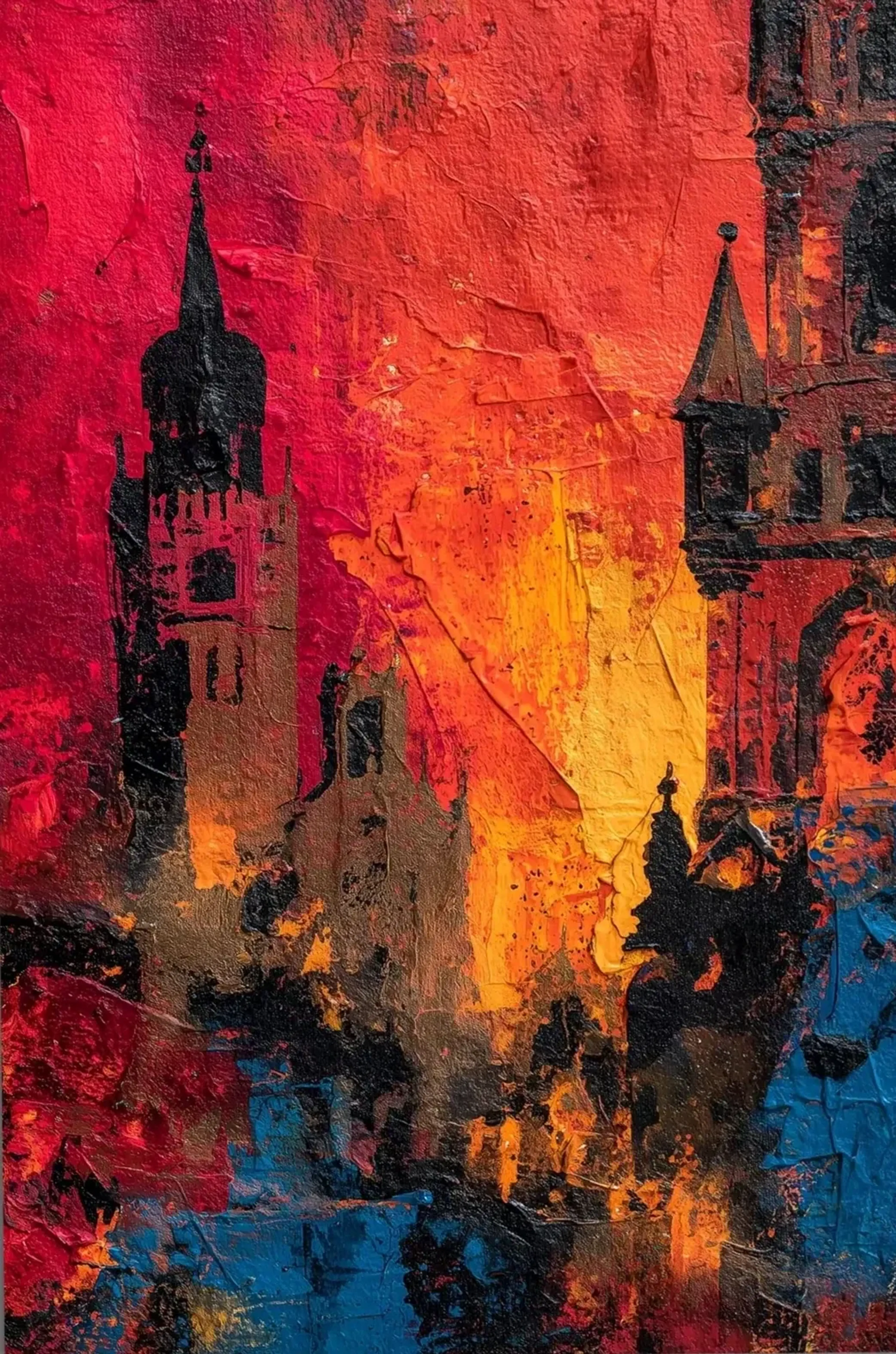 Dunkle Türme und Fassaden vor strukturierten Farbflächen in Rot, Orange, Gelb und kräftigem Blau.