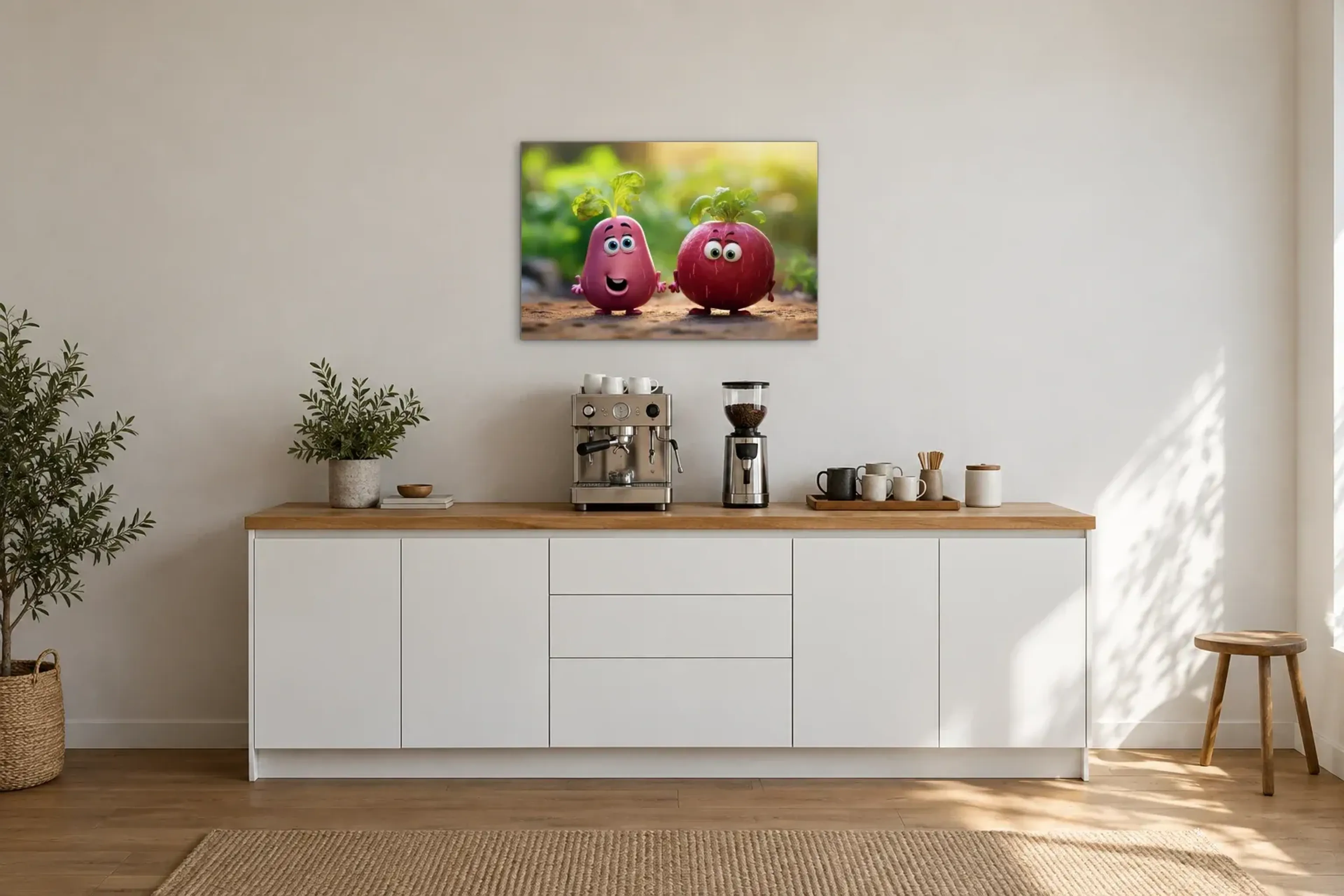 Zwei Radieschenfreunde als Wandbild über einer 200-cm-Arbeitsplatte