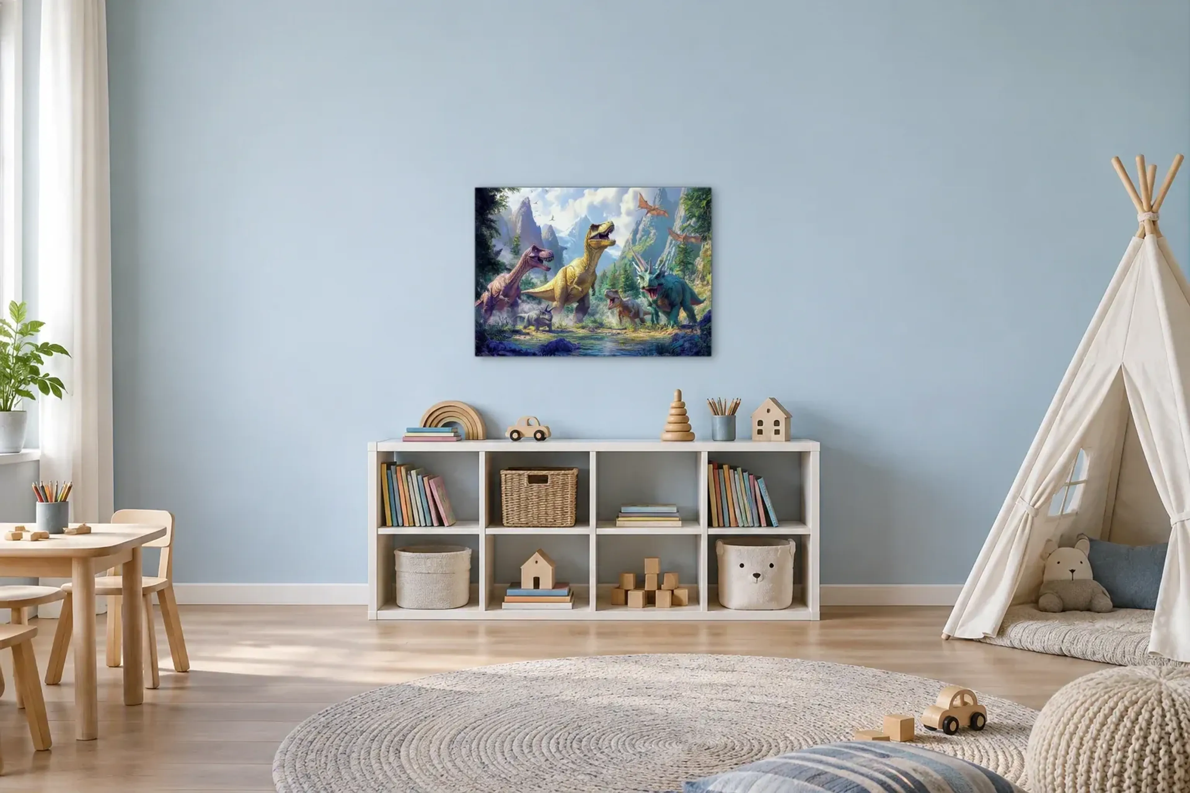 Dinos im Bergtal als Wandbild über einem 120-cm-Spielregal