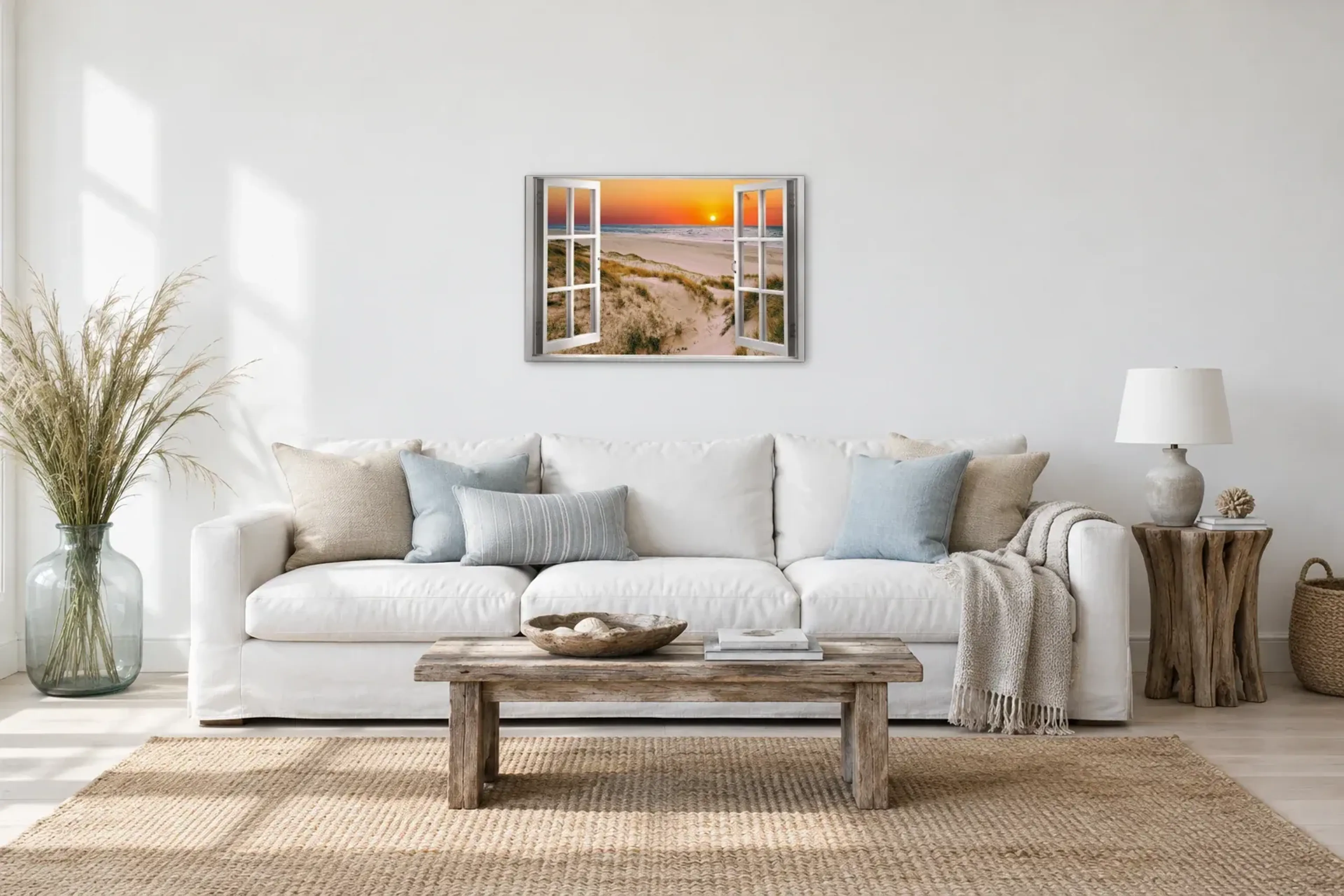Dünen im Sonnenuntergang als Wandbild über einem 220-cm-Sofa