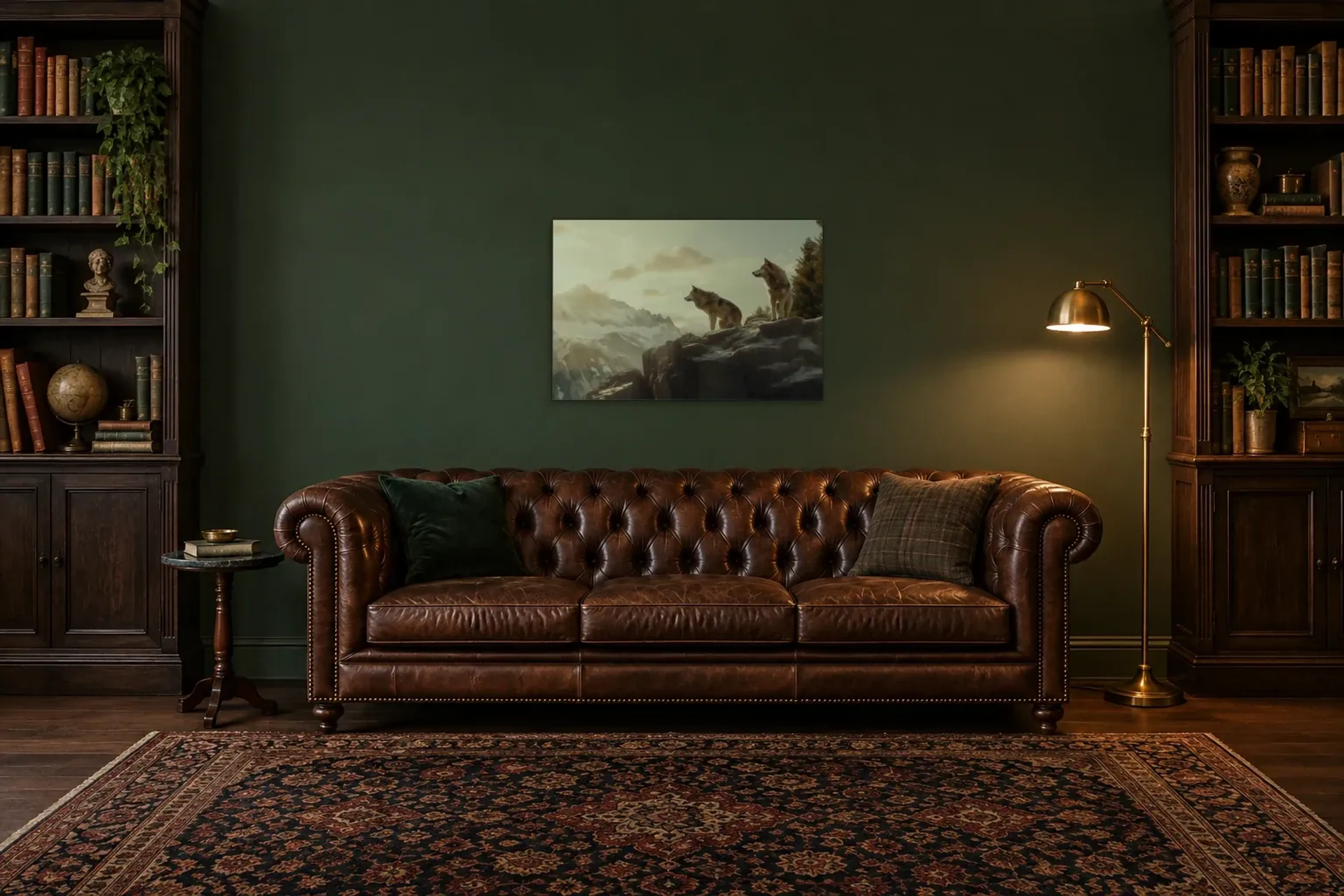 Wölfe über dem Tal als Wandbild über einem 200-cm-Chesterfield-Sofa