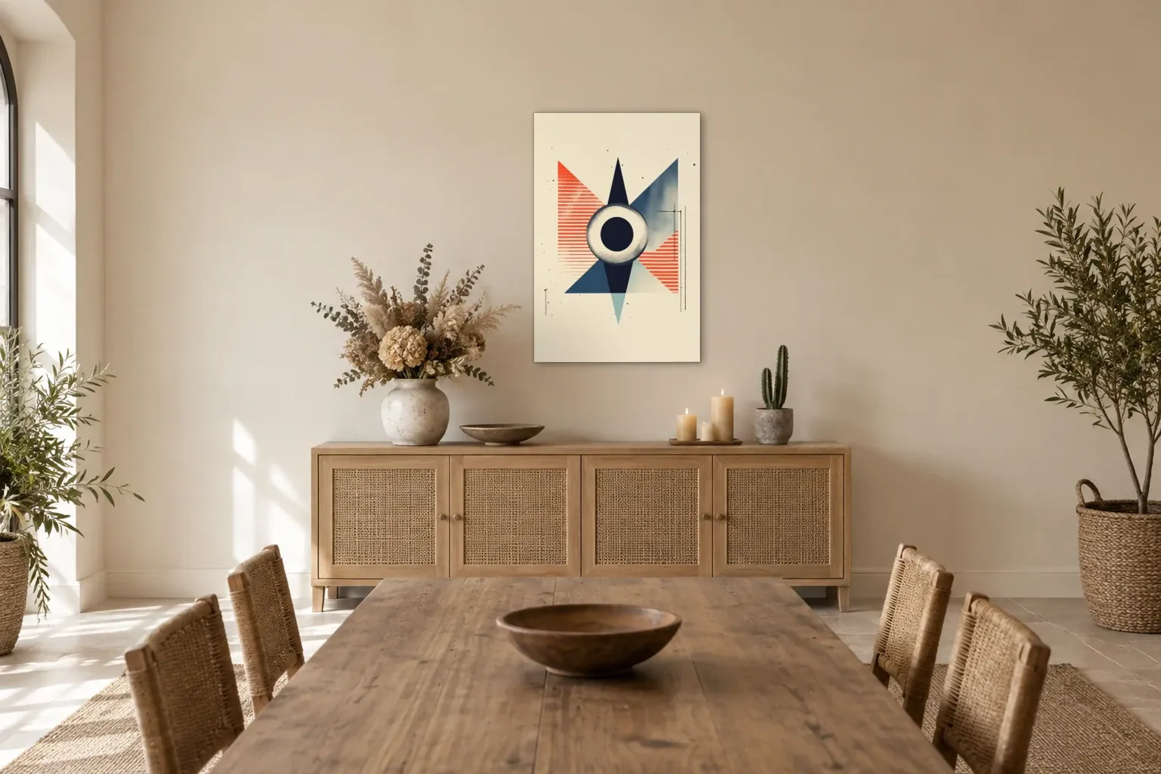 Kreis und Dreiecke als Wandbild über einem 160-cm-Sideboard