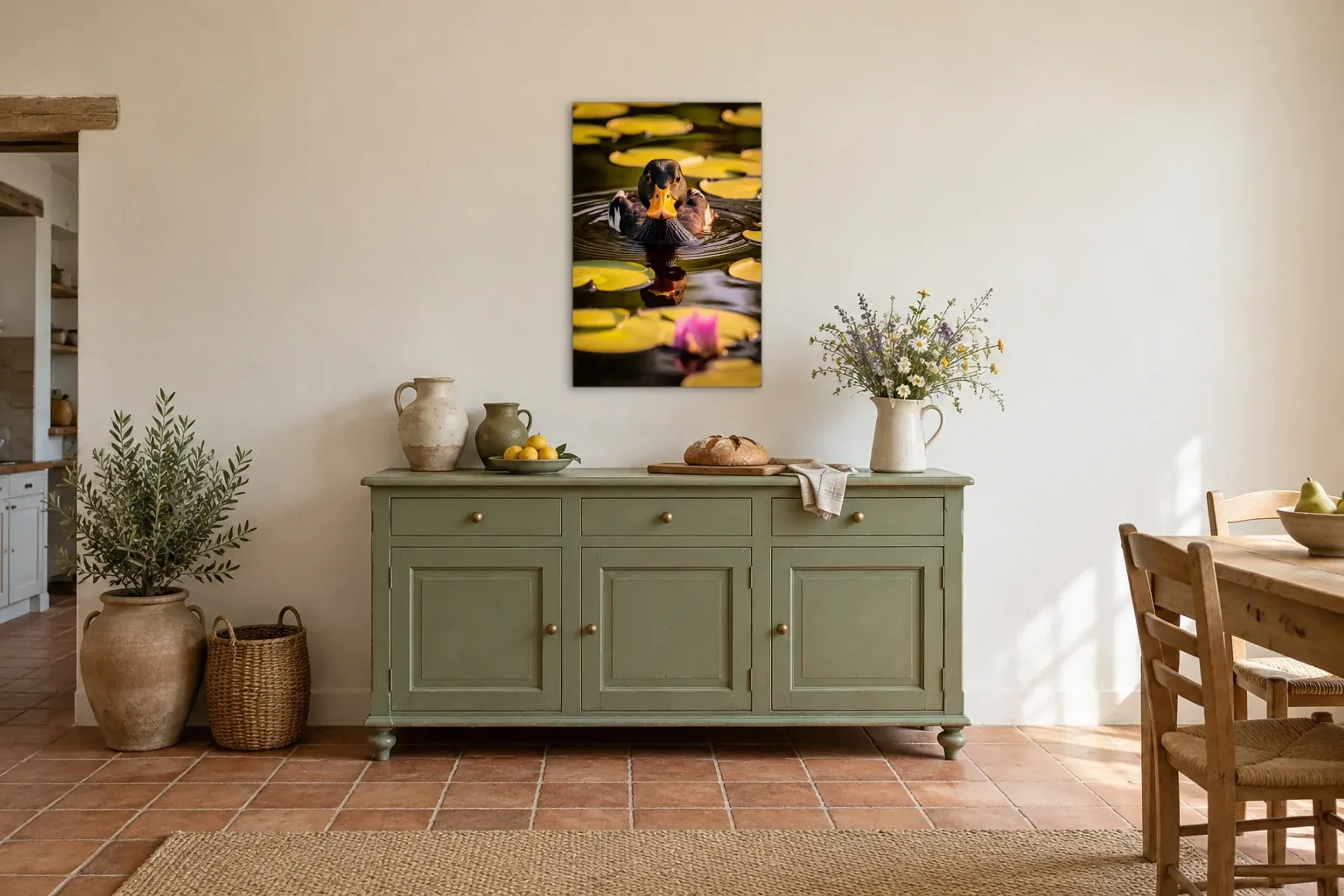 Ente zwischen Seerosen als Wandbild über einer 160-cm-Anrichte