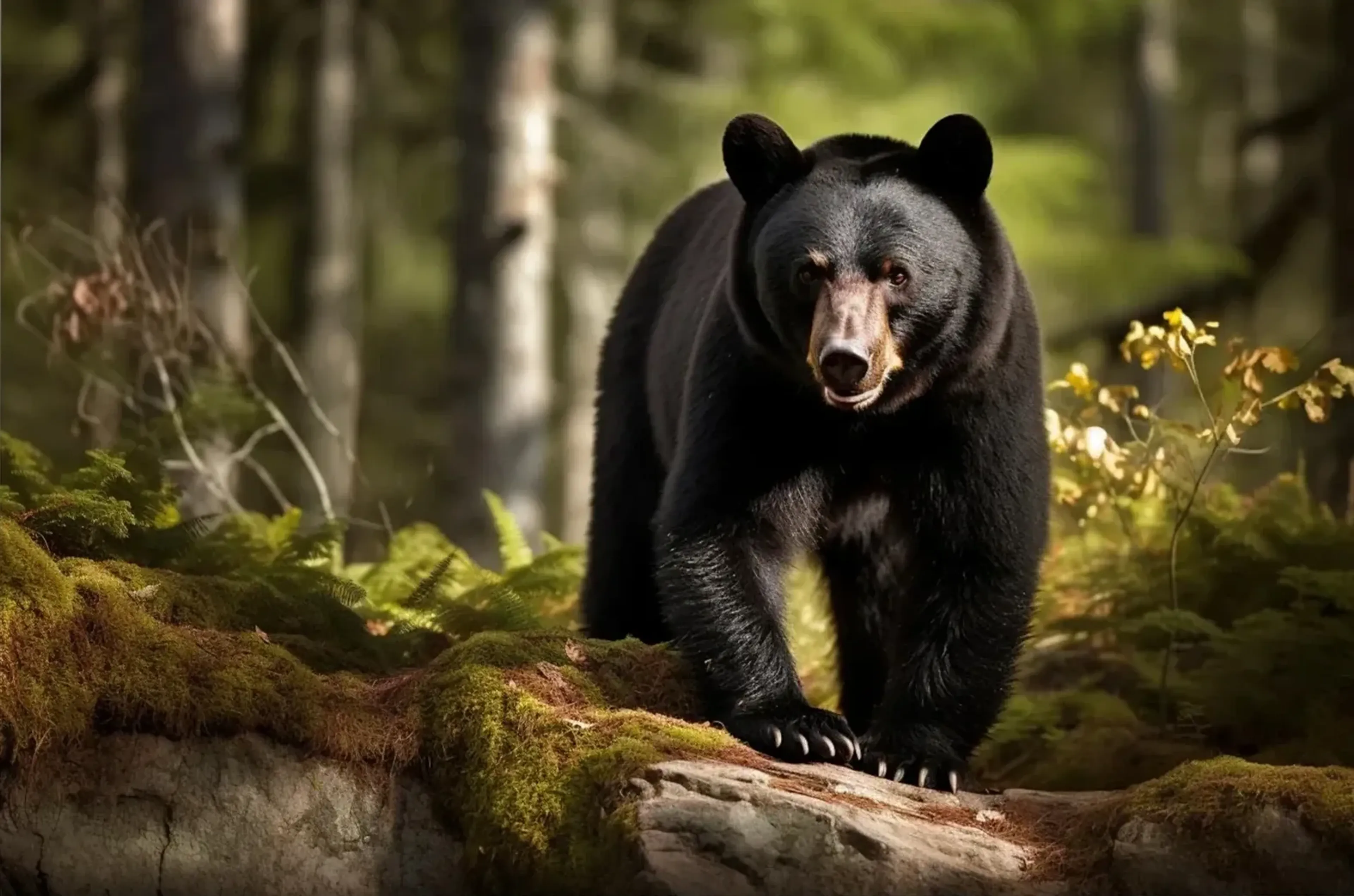Schwarzbär auf einem moosbewachsenen Baumstamm, umgeben von Farnen und Bäumen im warmen Waldlicht.