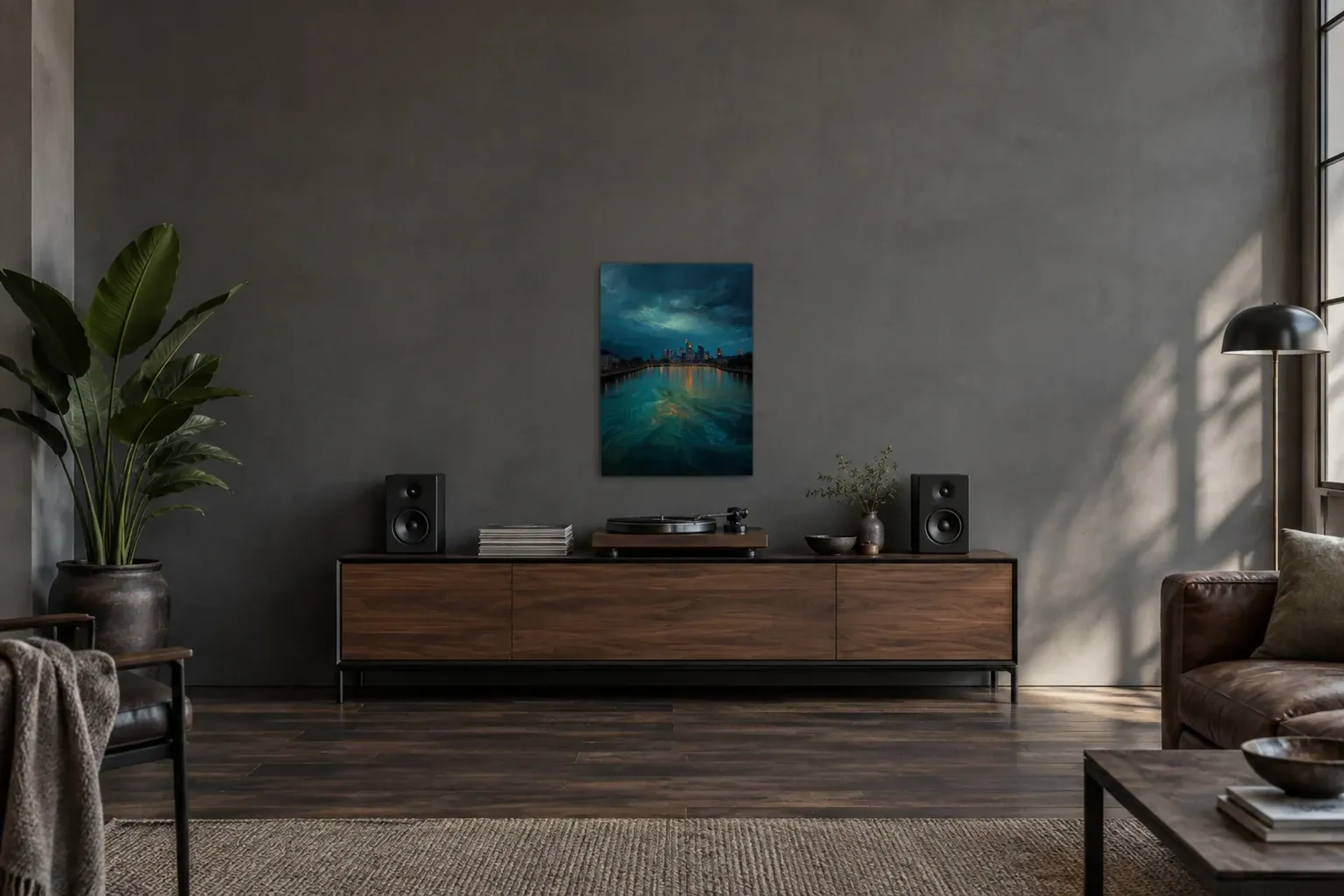 Frankfurt zwischen Wolken und Wasser als Wandbild über einem 200-cm-Sideboard