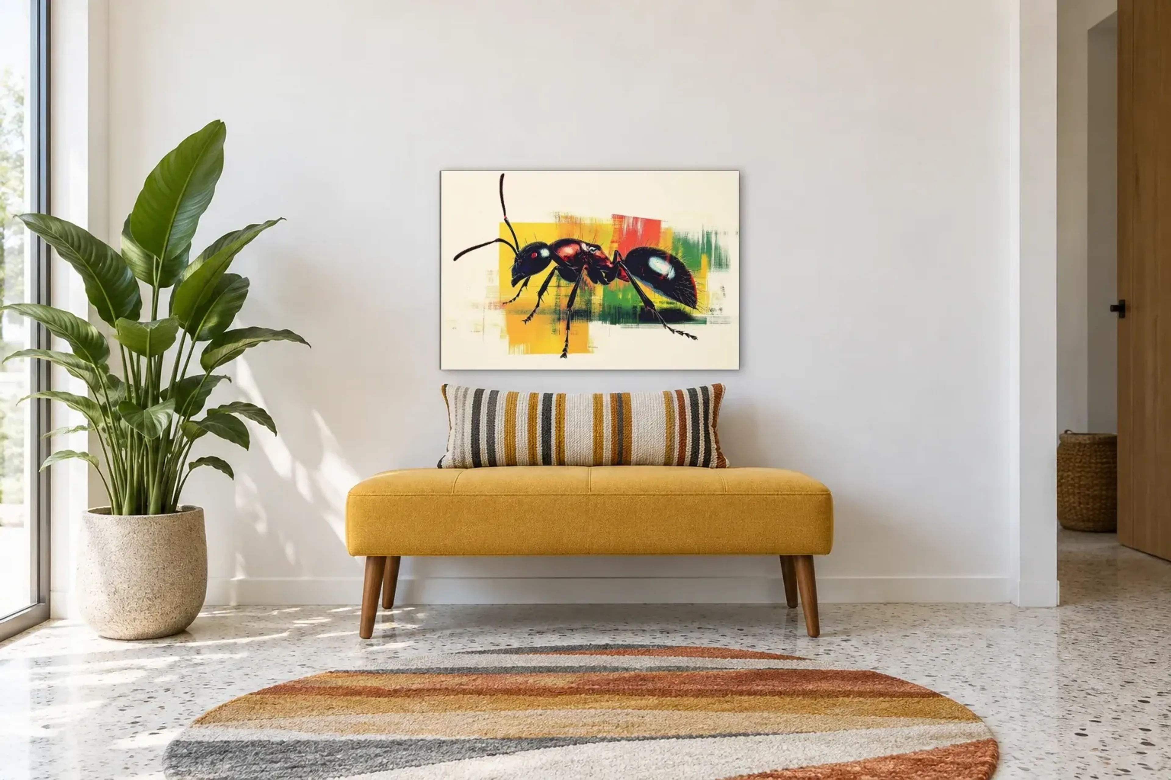 Ameise vor bunten Streifen als Wandbild über einer 120-cm-Bank