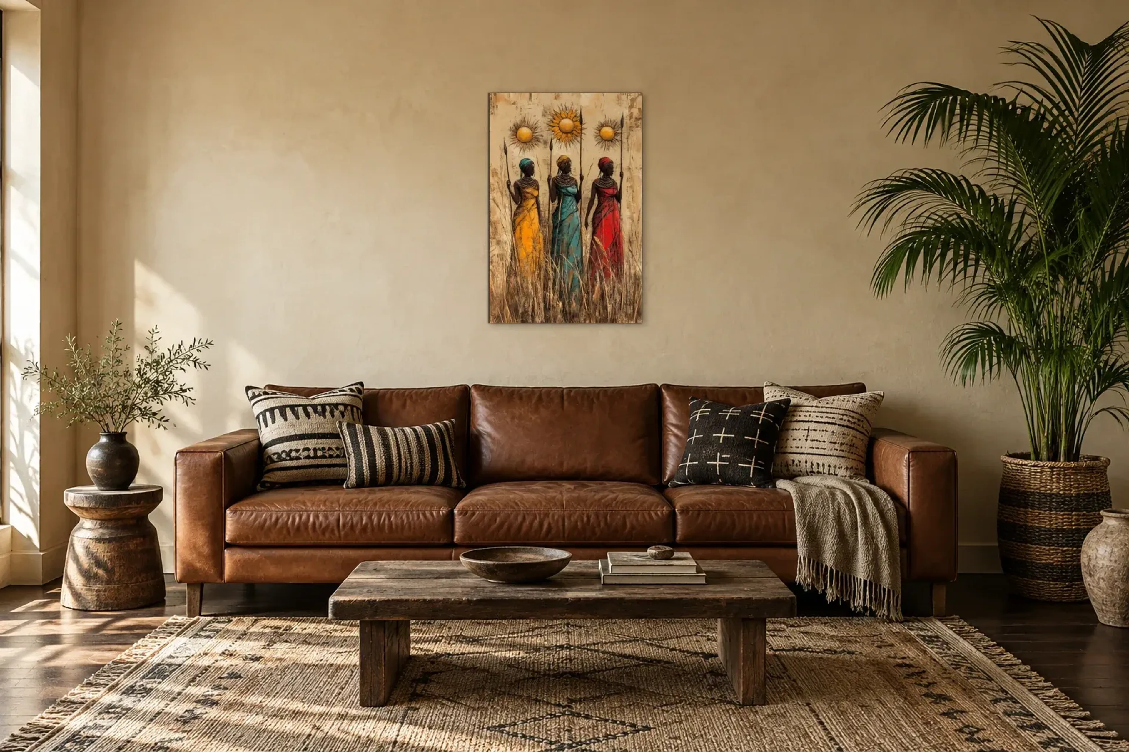 Drei Frauen im Gras als Wandbild über einem 220-cm-Sofa