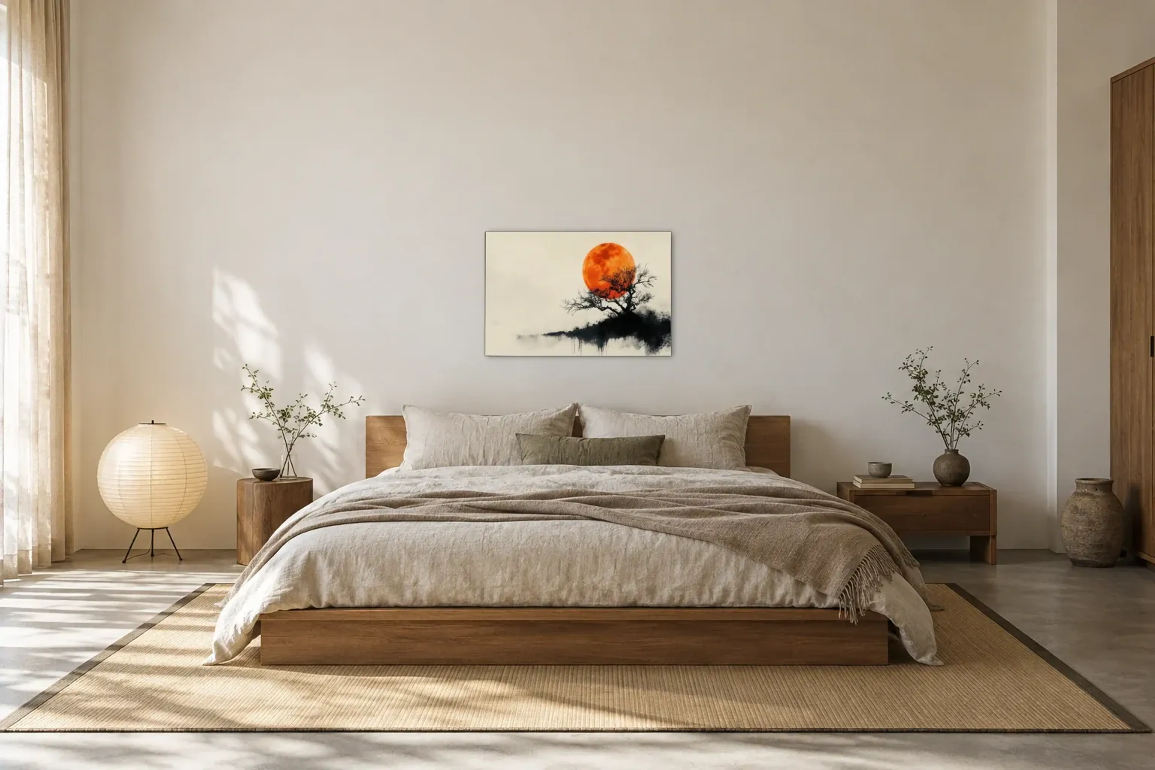 Baum vor orangefarbener Sonne als Wandbild über einem 180-cm-Bett