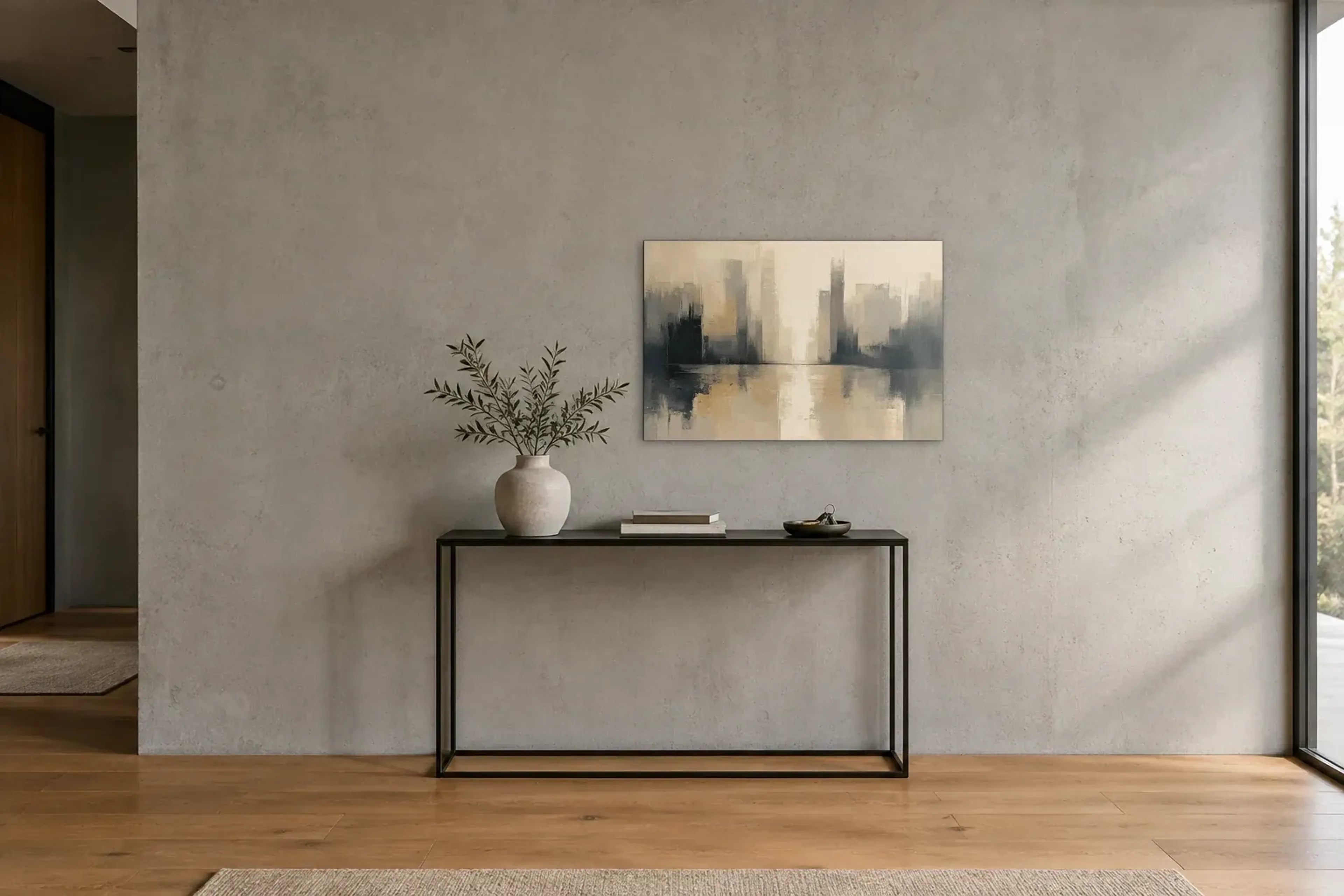 Skyline Beige als Wandbild über einer 120-cm-Konsole