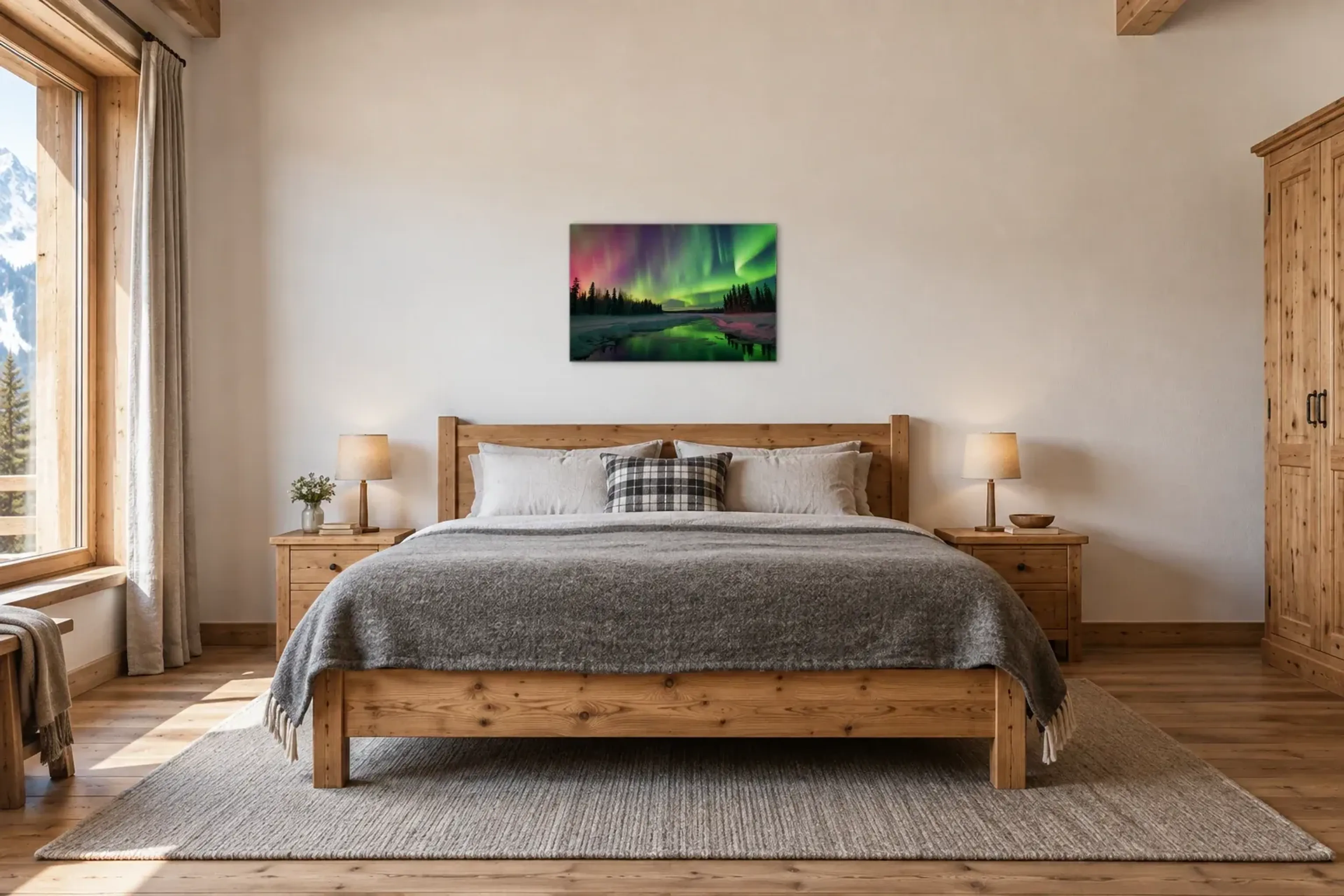 Polarlicht über Winterwald als Wandbild über einem 180-cm-Bett