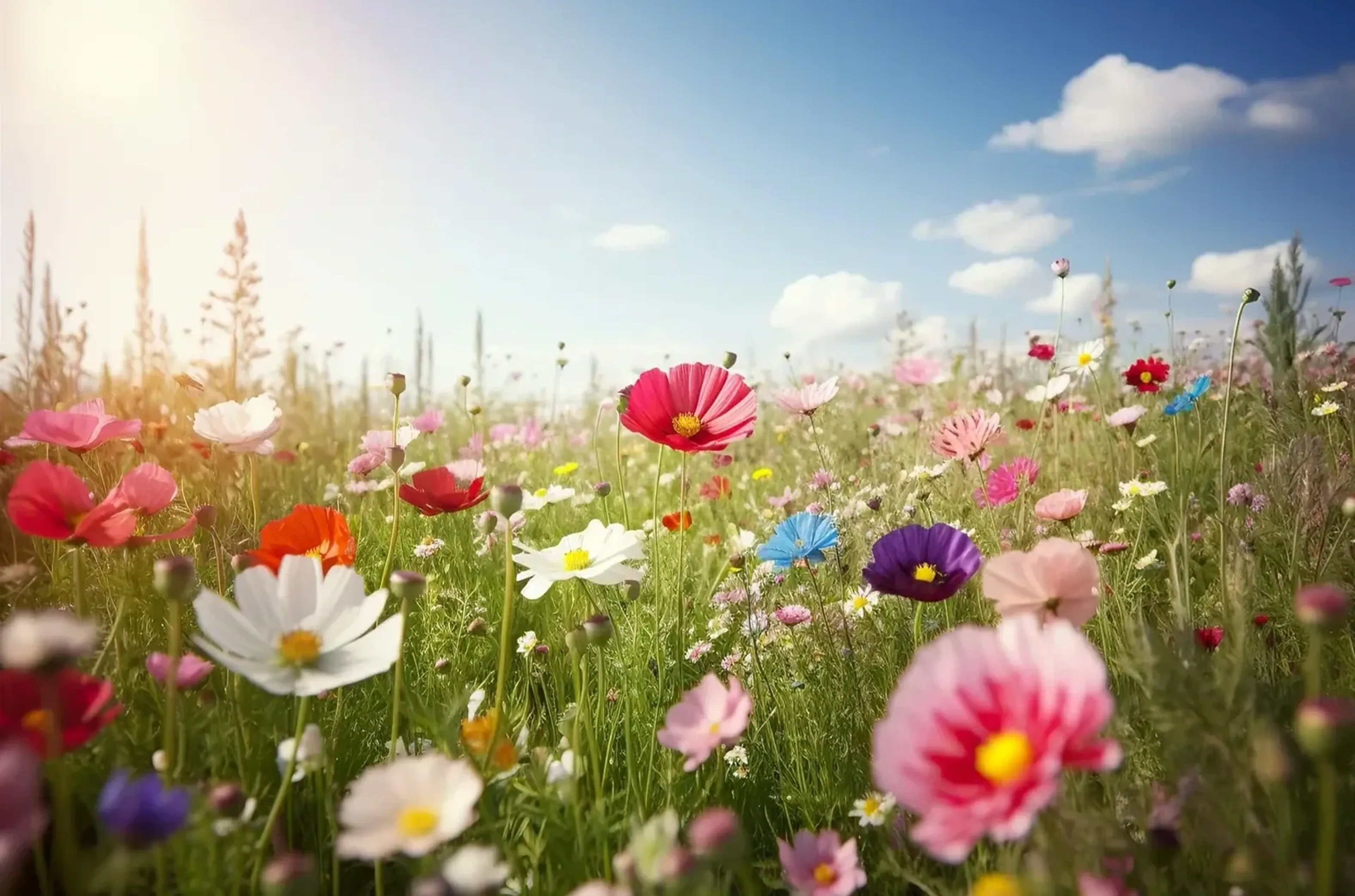 Bunte Wiesenblumen unter hellblauem Himmel, mit weißen und rosa Blüten im unscharfen Vordergrund.