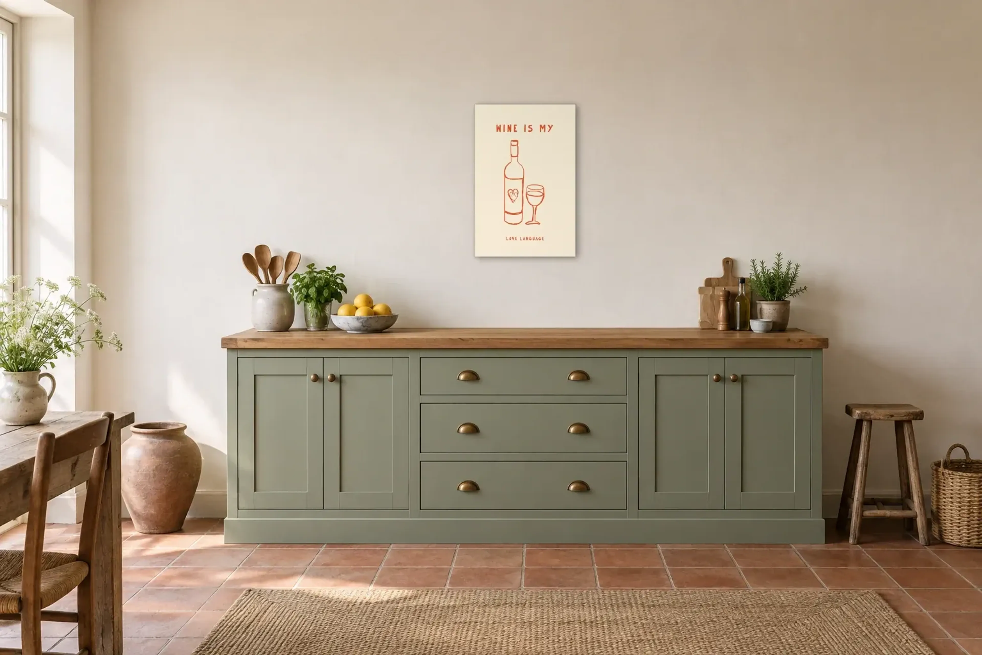 Wein Liebe als Wandbild über einer 200-cm-Arbeitsplatte