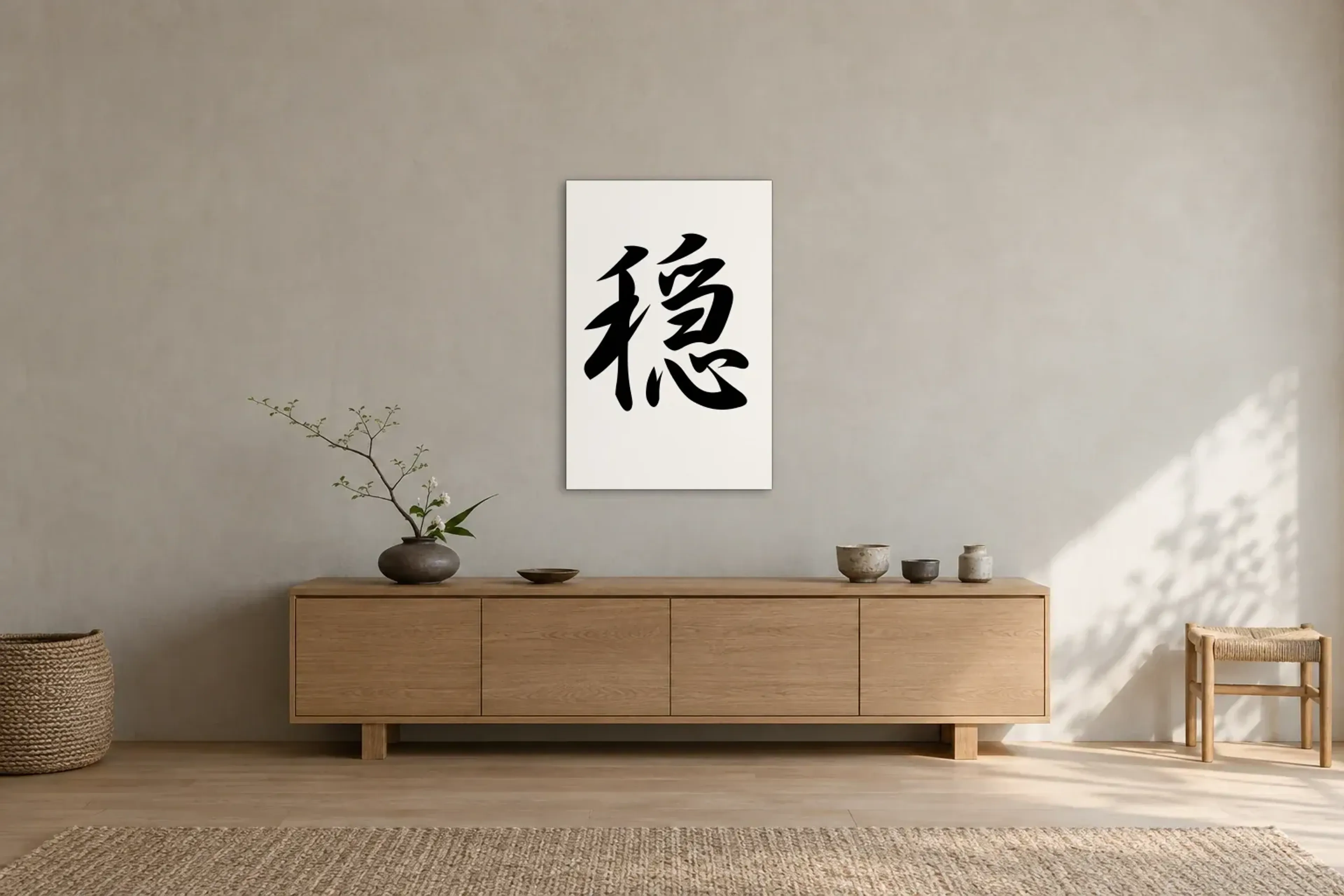 Zeichen für Ruhe als Wandbild über einem 180-cm-Sideboard