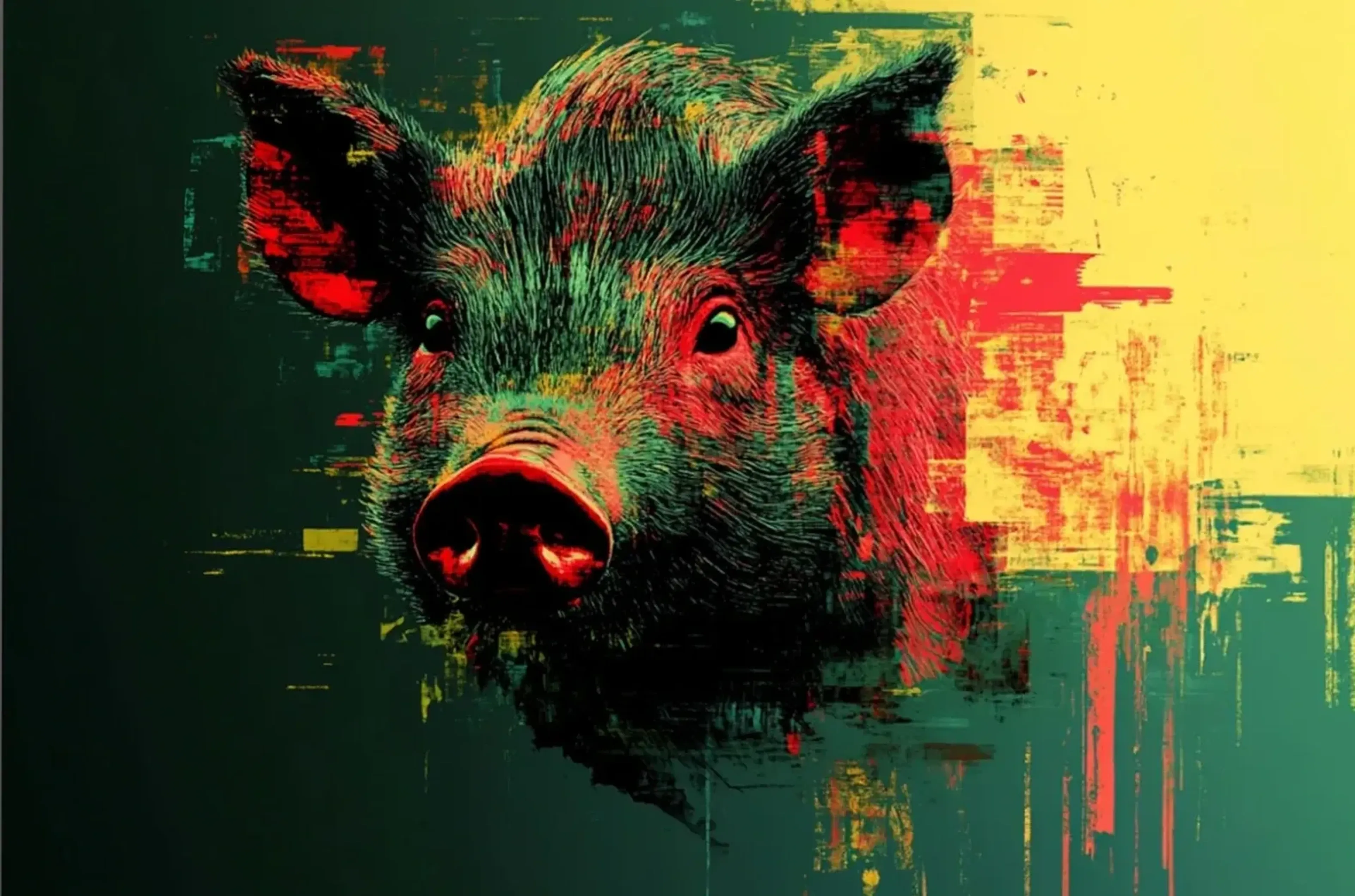 Wildschwein in Grün und Gelb – Motiv als Wandbild auf Holz