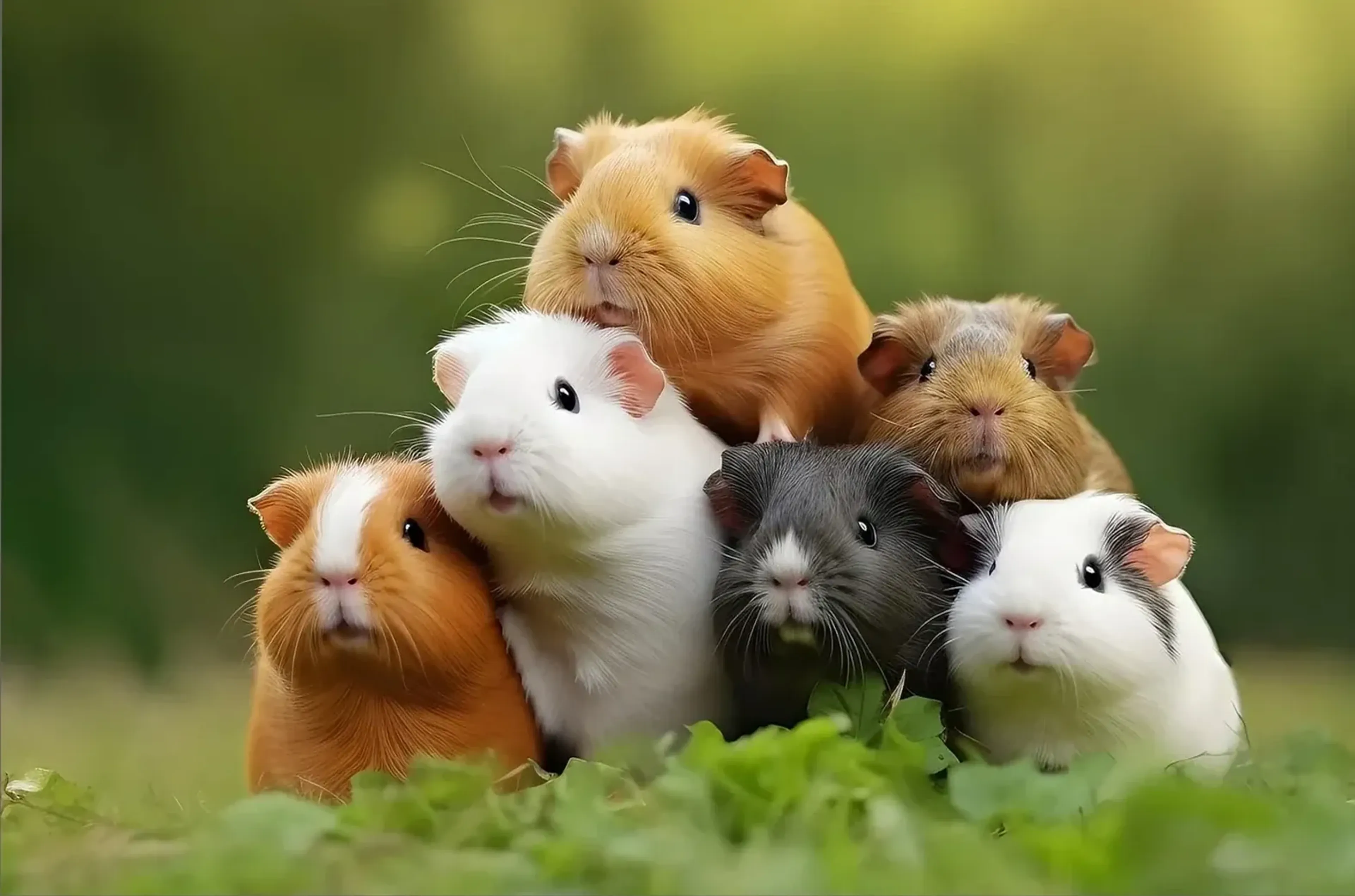 Sechs weiße, goldbraune und graue Meerschweinchen sitzen dicht beieinander im Gras.