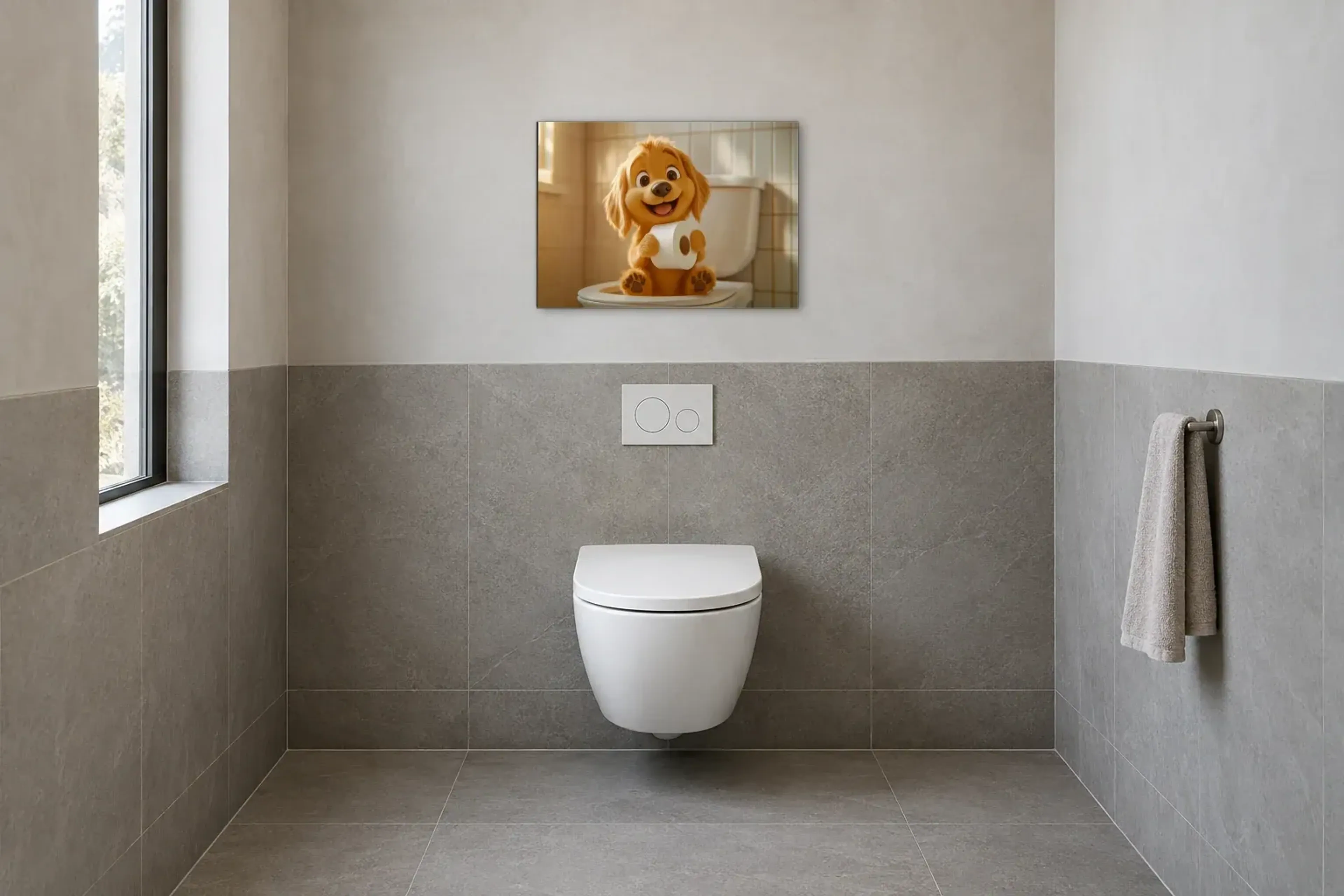 Hund mit Papierrolle als Wandbild im Gäste-WC